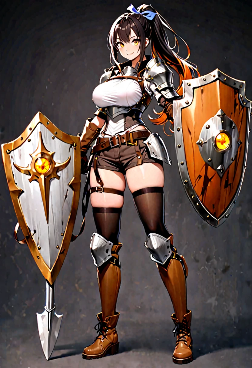 ((highest quality)), ((masterpiece)), (get used to it), perfect face, shoulder length black hair、28 year old female。1 girl, alone, shield, arms, Thighhighs, extreme arm, gloves, boots, long hair, black background, armor, brown-gloves, ponytail, orange hair, full body gun, ribbon, holding, simple background, holding-arms, beholder, hair-ribbon, black-Thighhighs, brown footwear, smile, brown eyes, shirt, yellow eyes, Are standing, shorts, knee pads, blue-ribbon, belt, shoulder-armor, white-shirt, vest, ((Spear and Shield)), ((big boobs) 1.2)