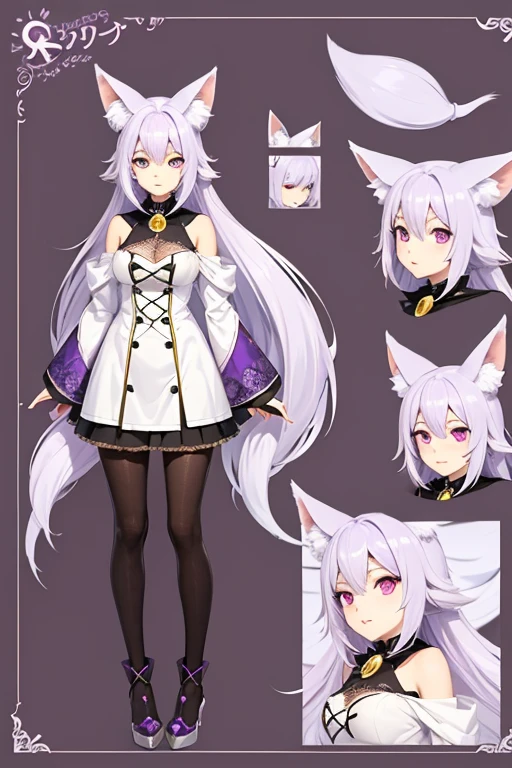 character design sheet，Light purple hair and eyes, individual，cute，With fox ears，witch，facial details，plain view，whole body，