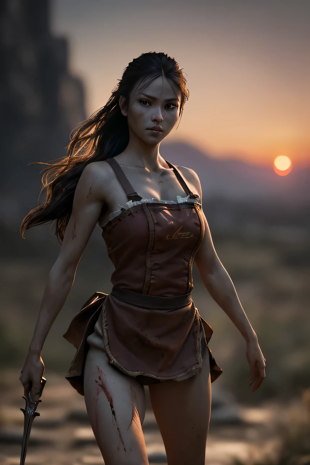 (masterpiece), (very complicated:1.3), (realistic), girl portrait, (dark fantasy, gore), (dynamic perspective), the most beautiful in the world, (waitress), outdoor, dynamic angle, running fighting stance, dry river bed, Kure, Haifa, Stunning female professional photo details, sharp focus, dramatic, Award history, cinematic lighting, Octane Rendering Unreal Engine, volumetrics dtx, (film grain, blurred background, blurred foreground, Bokeh, Depth of the bounds written, sunset), holding sickle