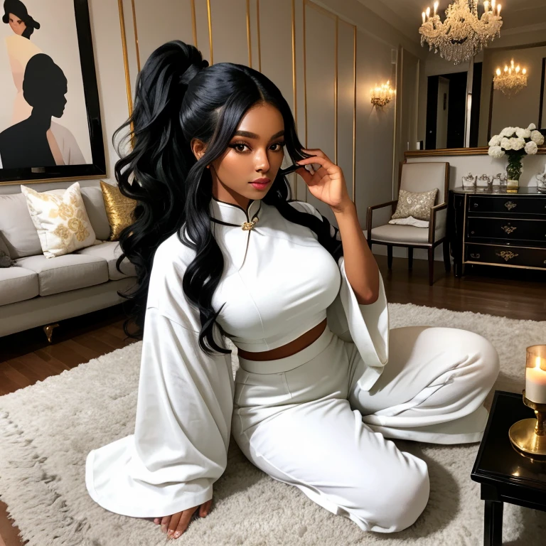 Long wavy luxurious black hair in ponytail, black woman, medium brown skin tone, living room, luxury furniture, rug, candles, Chinese evergreen, white lounge outfit. Decor