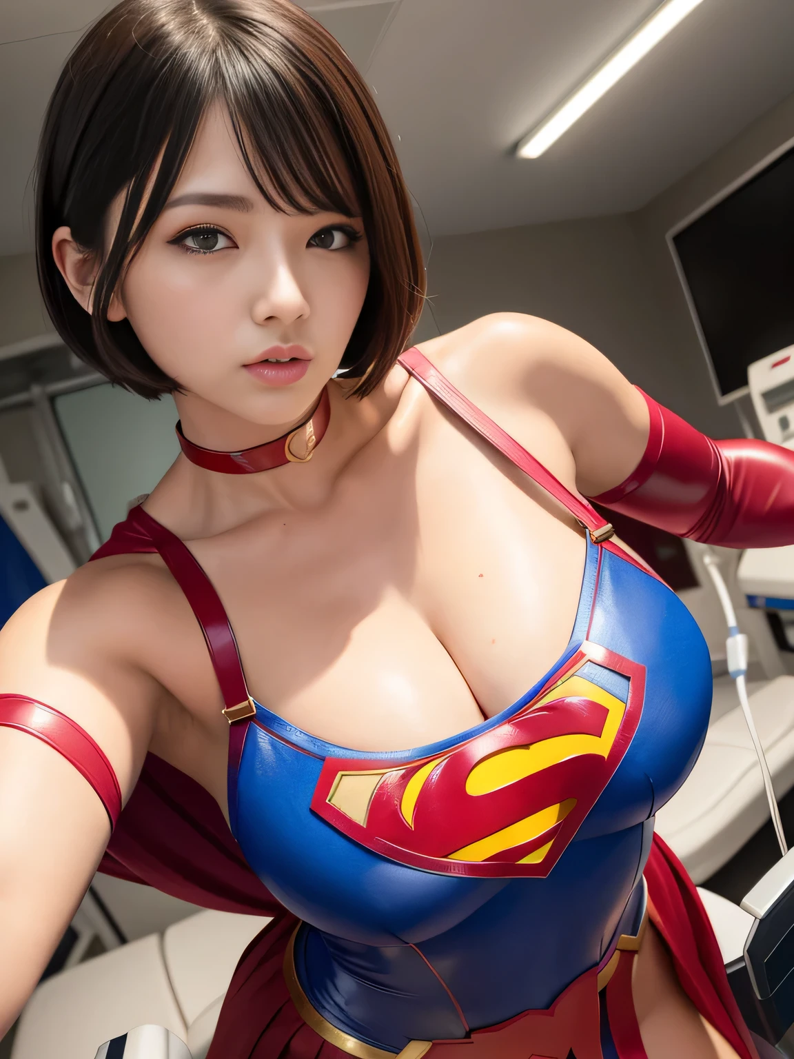 masterpiece、Enamel Supergirl Costume、short hair、Hospital operating table、Crisis situation、big and full breasts、looking at the camera、shiny、off shoulder、choker、long sleeve、red exy poses to seduce、sweaty、model body shape、Glamorous、charm、charming、abused、