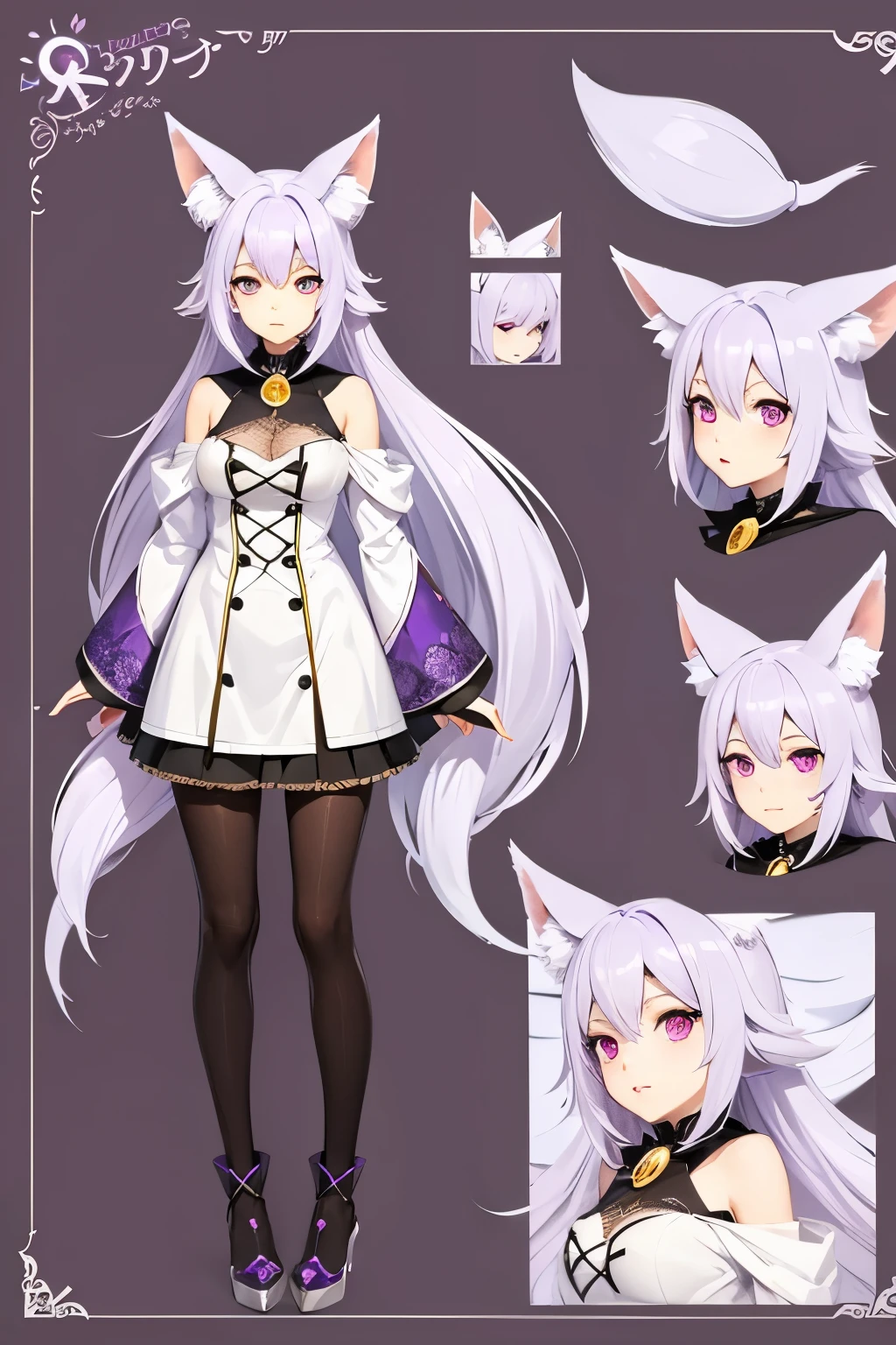 character design sheet,Light purple hair and eyes, individual,cute,With fox ears,witch,facial details,plain view,whole body,