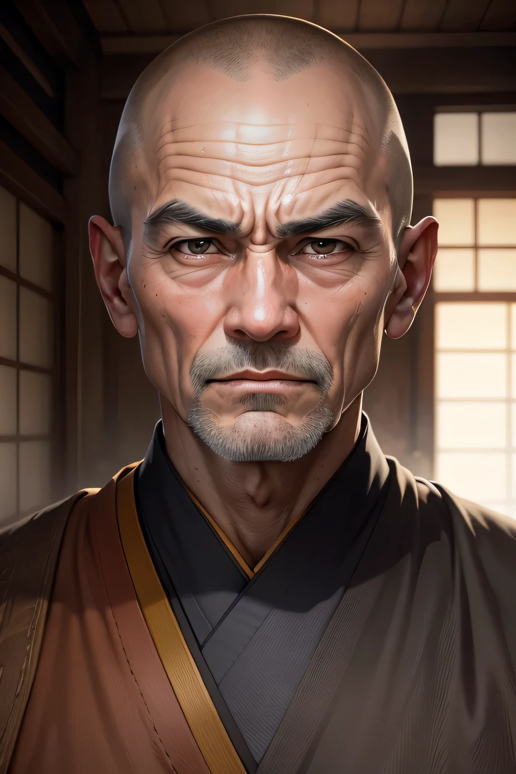 Realistic Ultra HD Close-up Portraits,A monk wearing a work uniform, Wrinkle ,Facial expressions show strong emotions,Strong-looking men,whole body,The hair is skinhead,Japanese