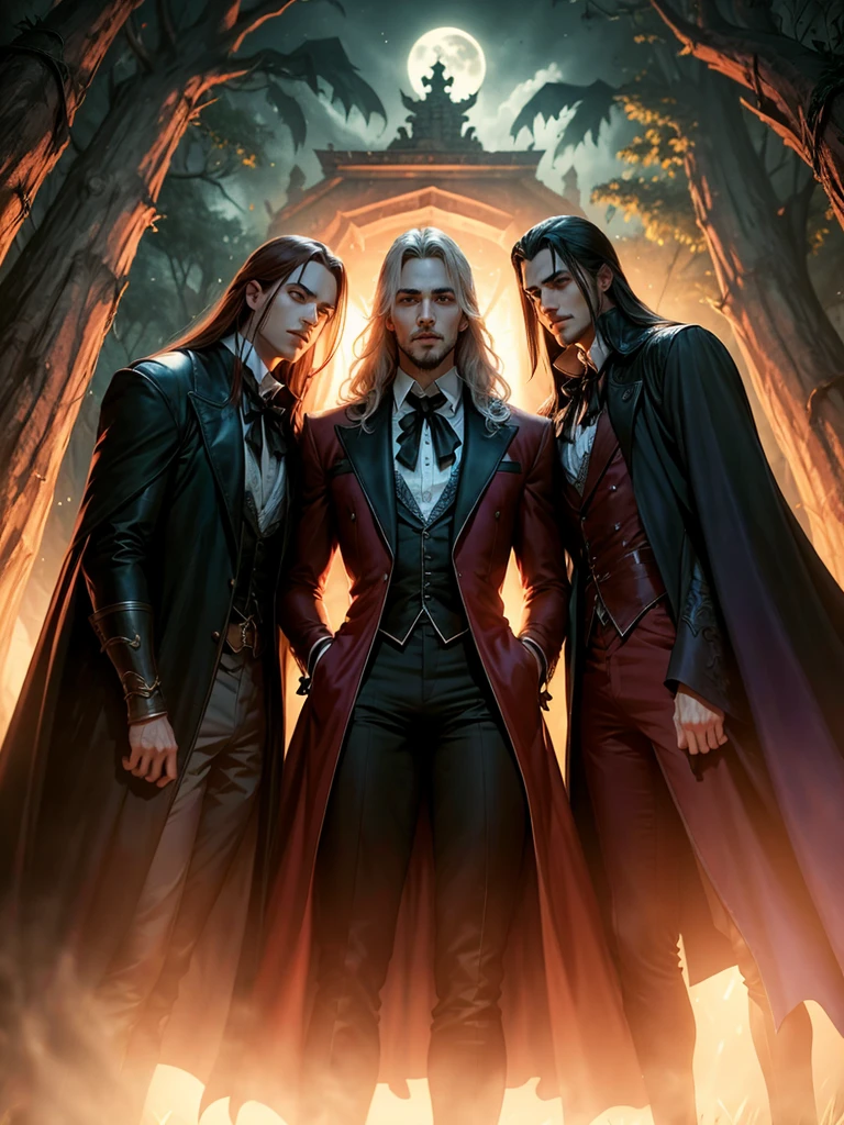 4 vampiros homens, vampiros, Castlevania, (detalhado), em postura de batalha, noite, no meio da floresta.