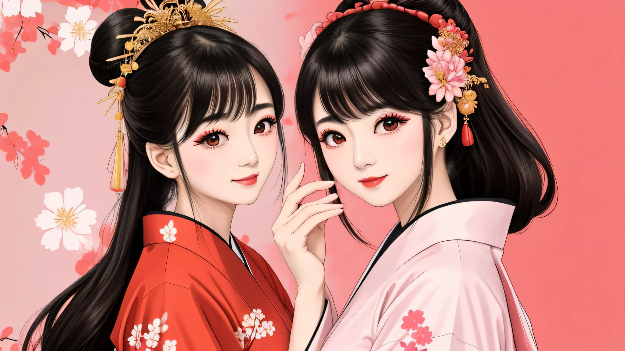 Each has a different expression2People and sisters、(2 girls)、⦅Dancing traditional performing arts gracefully)、((big breasts、small face、not exposed))、highest quality、masterpiece、(black hair、Bun Hair)、brown eyes、⦅wide angle、Angle from above, from the waist up、Pause on the magazine cover、Each person has a different perspective when looking into the distance⦆、(8K high quality、masterpiece、High resolution、Realistic and beautiful light and shadow、(highest quality)、(high resolution)、(very delicate and beautiful)、(beautiful 8k face)、(Close your eyes while smiling、Beautiful eyes)、(Transparent skin)、(soft hair)、(8head and body)、(Japanese-style yukata kimono with red, pink, and orange floral patterns on a white background, mixed with gold powder、wearing a yukata2Japanese beautiful girl)、((tanabata decoration background))、((small face))、(arms up)、thin and small nose、(red lipstick)、(make cheeks red)、(Glossy skin)、((Ink painting style))、extremely thin eyebrows、Overall super high quality、(She wears maiko-style makeup)、Whitening、long and beautiful eyelashes、Glossy skin、(red cheeks),straight nose、masterpiece、highest quality、whole body、 eyebrows visible through hair、Bun Hair、grin、gal、Kogal、Viewer's perspective、Plaid、Fashionable、woman、fine、Pause、
Waiting to start