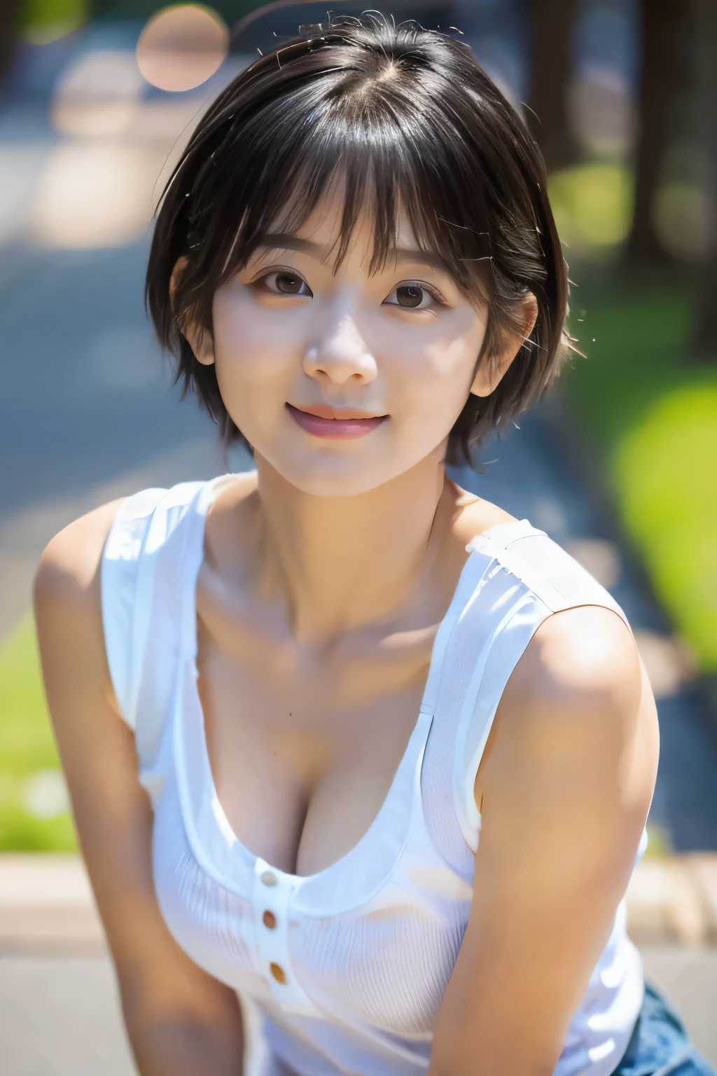 highest quality, masterpiece, ultra high resolution, (realistic:1.4), Raw photo,  girl, ((leaning forward):1.3), ((from the front)), (white t-shirt:1.2), (Very cute face like the most popular Japanese idol, very childish face, ((very beautiful big black eyes)), very beautiful hair, (short cut hair:1.5)、very beautiful skin, very beautiful long eyelashes, very beautiful lips, very beautiful cleavage, innocent smile, dynamic pose, Well-balanced body size、