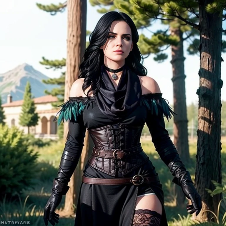 Yennefer, in forest, long hair, black hair, purple eyes, scarf, black dress, bare shoulders, feathers, thighhighs, gloves, boots, choker, corset, elbow gloves, (intricate details), perfect eyes, pruple eyes, perfect face, perfect lighting, beautiful, (masterpiece:1.2), (best quality:1.2)