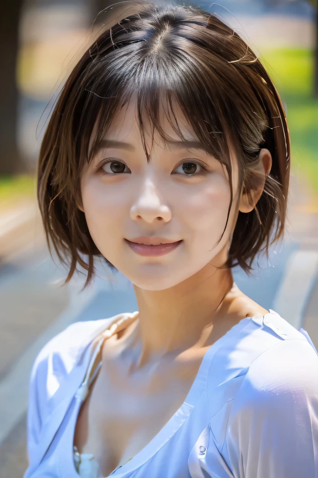 highest quality, masterpiece, ultra high resolution, (realistic:1.4), Raw photo, girl, ((leaning forward):1.3), ((from the front)), (white t-shirt:1.2), (Very cute face like the most popular Japanese idol, very childish face, ((very beautiful big black eyes)), very beautiful hair, (short cut hair:1.5)、very beautiful skin, very beautiful long eyelashes, very beautiful lips, very beautiful cleavage, innocent smile, dynamic pose, Well-balanced body size、