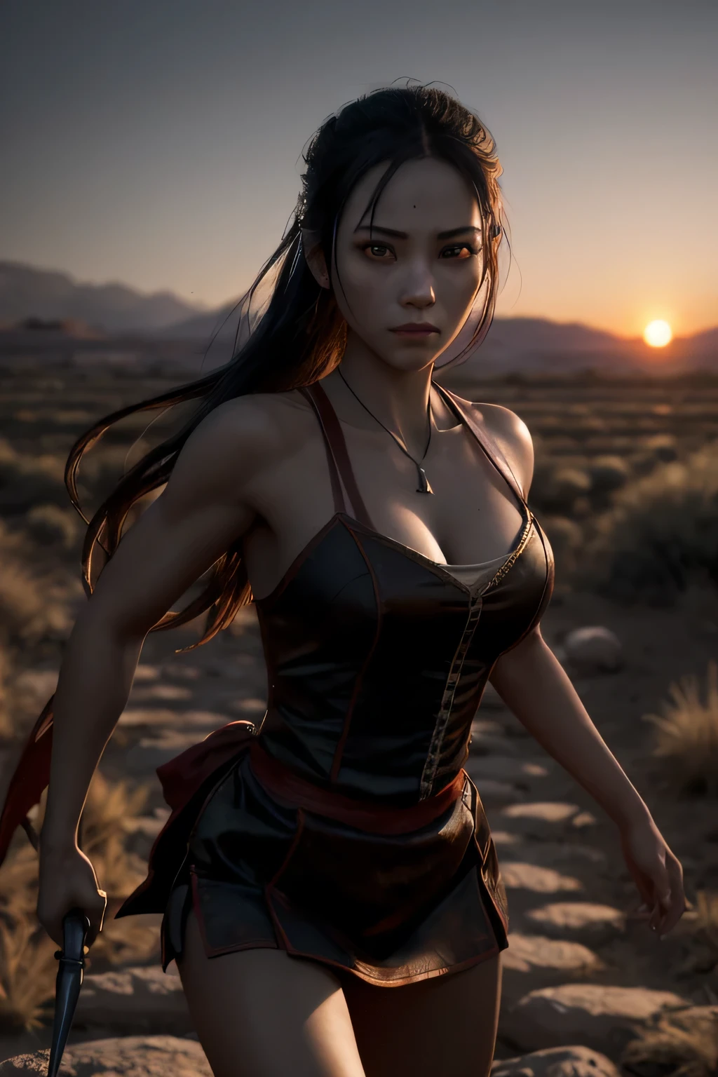 (masterpiece), (very complicated:1.3), (realistic), girl portrait, (dark fantasy, gore), (dynamic perspective), the most beautiful in the world, (waitress), outdoor, dynamic angle, running fighting stance, dry river bed, Kure, Haifa, Stunning female professional photo details, sharp focus, dramatic, Award history, cinematic lighting, Octane Rendering Unreal Engine, volumetrics dtx, (film grain, blurred background, blurred foreground, Bokeh, Depth of the bounds written, sunset), holding sickle