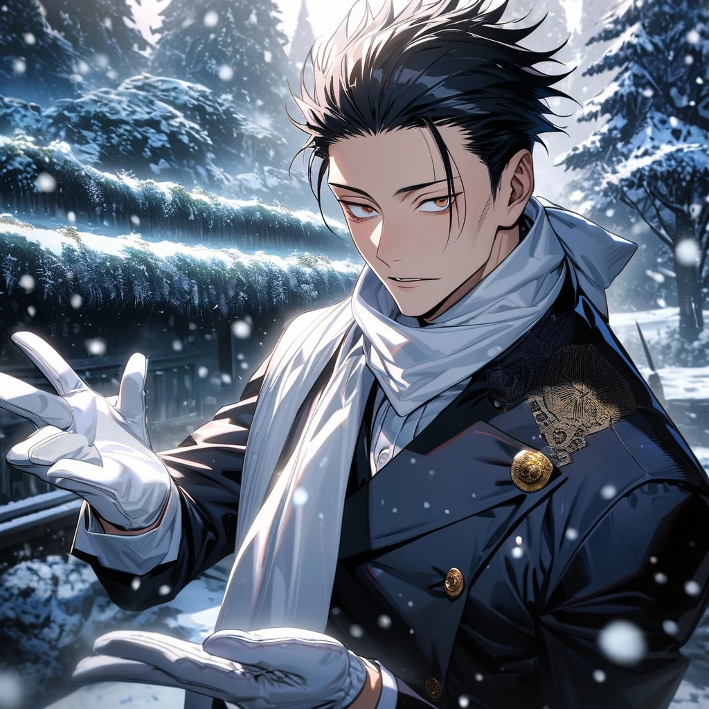 Ultra detailed, highres, absurdres, HDR, Geto Suguru, black hair, brown eyes, handsome, Jujutsu Kaisen, snowing, snowflakes, ice forest, white scarf, butler clothes, white gloves, 1 man only