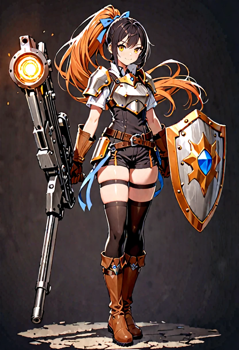 ((highest quality)), ((masterpiece)), (get used to it), perfect face, shoulder length black hair、28 year old female。1 girl, alone, shield, arms, Thighhighs, extreme arm, gloves, boots, long hair, black background, armor, brown-gloves, ponytail, orange hair, full body gun, ribbon, holding, simple background, holding-arms, beholder, hair-ribbon, black-Thighhighs, brown footwear, smile, brown eyes, shirt, yellow eyes, Are standing, shorts, knee pads, blue-ribbon, belt, shoulder-armor, white-shirt, vest,
