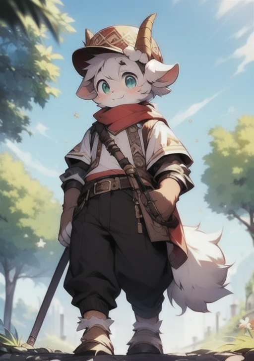 Charming scenes from ((solo)), (Anthro furry) (goat_boy:1.5),(brown_fur:1.5), Anthro the furry goat boy has a short and tousled hairstyle with light brown hair that matches his fur color . His fur is soft, shaggy, and creamy white with light brown spots on his arms and legs. His ears are small and round, with tufts of light brown hair on the tips. The big clear eyes are light blue, shining with obvious light, giving people a kind of innocent charm. There are soft white hairs on the backs of his hands, light brown pads on the palms, and short, blunt claws ideal for grabbing a cane. He stands on a lush green hill with a clear blue sky in the background and small wildflowers scattered around him. His shepherd's outfit consists of a light brown coat, brown trousers, and brown boots. Around his waist is a brown belt that holds his cane, and a small pouch for personal belongings. He stood on the hillside, looking into the distance, thoughtful, with a gentle smile on his face. Warm, subdued lighting makes him look gentle and serene, while a steady stream of AI captures every detail, from the softness of his fur to the intricate details of his clothing. (fluffy_goat_hooves), (goat_horn), fluffy_litte_goat_tail, standing on a hill overlooking the valley, detailed_fluffy_fur, tuft, (body_fur), oil_skin, (skin_with_fluffy_fur), (animal_nose), animal_ear_fluff, fluffy_paws, pawpads, ani mal_hand, f lowers, ((cute , innocent , detailed face, big round eyes)), warm and soft light, 8k, SFW, spring, serenity, rent, wearing shepherd's clothes, straw hat and walking stick, standing cross-legged, looking into the distance holding a walking stick in one hand and a walking stick in the other Holding hat, thoughtful.