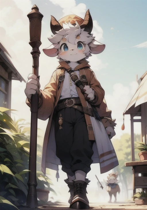 Charming scenes from ((solo)), (Anthro furry) (goat_boy:1.5),(brown_fur:1.5), Anthro the furry goat boy has a short and tousled hairstyle with light brown hair that matches his fur color . His fur is soft, shaggy, and creamy white with light brown spots on his arms and legs. His ears are small and round, with tufts of light brown hair on the tips. The big clear eyes are light blue, shining with obvious light, giving people a kind of innocent charm. There are soft white hairs on the backs of his hands, light brown pads on the palms, and short, blunt claws ideal for grabbing a cane. He stands on a lush green hill with a clear blue sky in the background and small wildflowers scattered around him. His shepherd's outfit consists of a light brown coat, brown trousers, and brown boots. Around his waist is a brown belt that holds his cane, and a small pouch for personal belongings. He stood on the hillside, looking into the distance, thoughtful, with a gentle smile on his face. Warm, subdued lighting makes him look gentle and serene, while a steady stream of AI captures every detail, from the softness of his fur to the intricate details of his clothing. (fluffy_goat_hooves), (goat_horn), fluffy_litte_goat_tail, standing on a hill overlooking the valley, detailed_fluffy_fur, tuft, (body_fur), oil_skin, (skin_with_fluffy_fur), (animal_nose), animal_ear_fluff, fluffy_paws, pawpads, ani mal_hand, f lowers, ((cute , innocent , detailed face, big round eyes)), warm and soft light, 8k, SFW, spring, serenity, rent, wearing shepherd's clothes, straw hat and walking stick, standing cross-legged, looking into the distance holding a walking stick in one hand and a walking stick in the other Holding hat, thoughtful.