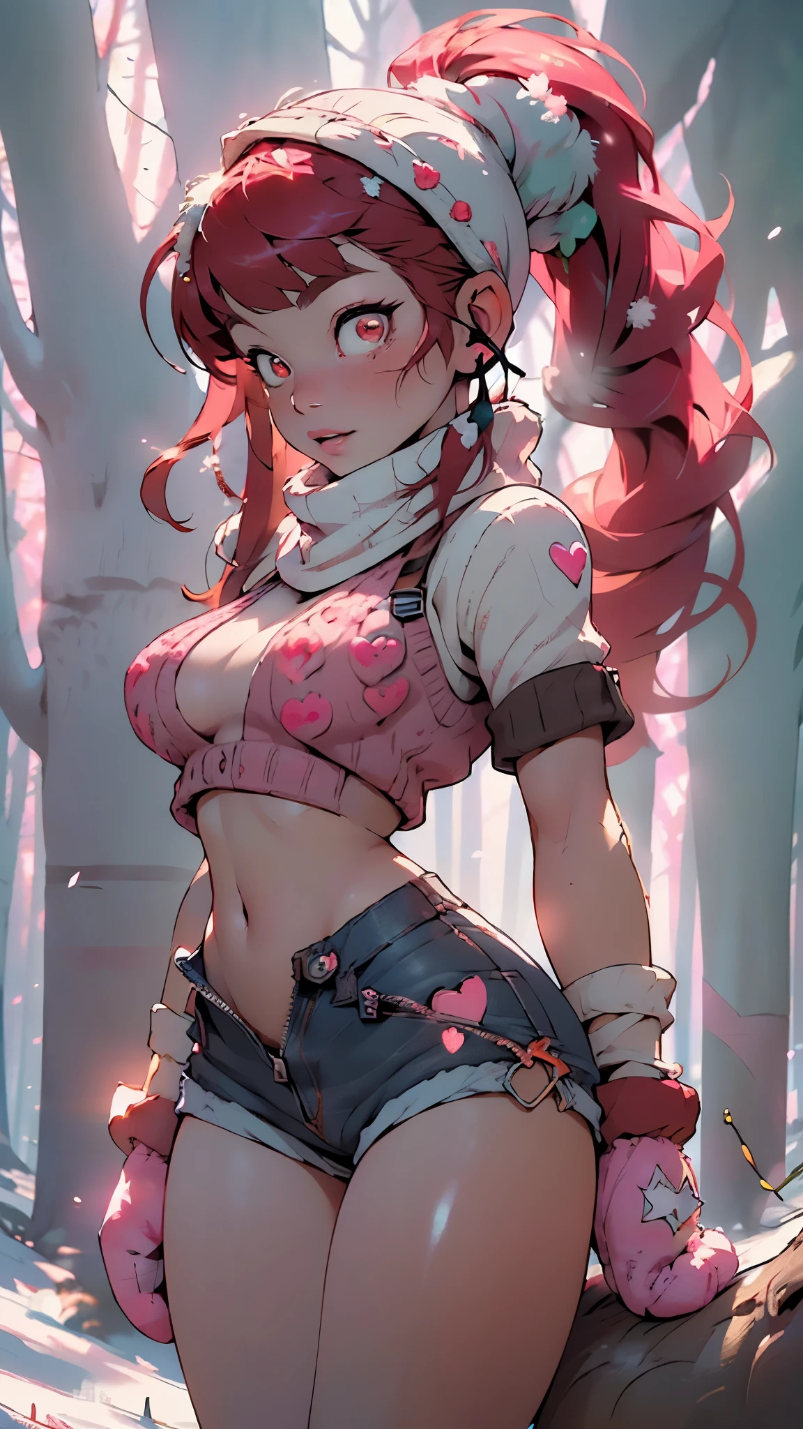 explorer girl,1girl,((extremely cute and beautiful red haired explorer girl)),(((18 years old))),(large breasts:1.4),((((red hair:1.35,absurdly long unkempt hair,ponytail red hair,bangs,colored inner hair,ear breathing)))),(((red_eyes:1.3))),intricate eyes,beautiful detailed eyes,symmetrical eyes,((((lustrous skin:1.5,tanned skin,bright skin:1.5,skin tanned,shiny skin,very shiny skin,shiny body)))),(spider lower abdomen,narrow waist,wide hip,athletic body,inflated legs,thick thighs,detailed body,(detailed face)),((heart pupils:1.5,heart:1.3,hearts:1.3,heart marks:1.3)),(ahegao face:1.5),

cute,slutty,seductive,erotic,(nsfw),

((large white socks:1.5,socks texture must be natural)),((deep V sweater:1.5)),((no bottoms)),((white mittens:1.5,white scarf:1.5),((navel)),((shorts,short shorts,denim shorts)),(((unzipped, open fly))),

(dynamic pose:1.0),embarrassed,(centered,scale to fit dimensions,Rule of thirds),

((snowy pink cherry forest:1.5,pink theme forest:1.5)),winter,scenery:1.25,((intricate scenery)),((snow forest background)),

(Glossy winter ornaments),highres,sharp focus,(ultra detailed,extremely detailed),(photorealistic artwork:1.37),(extremely detailed CG unity 8k wallpaper),(((vibrant colors,vibrant theme))),(intricate),(masterpiece),(best quality),artistic photography,(photography taken by sldr),(intricate background),perfect rendered face,perfect face details,realistic face,photo realistic,((intricate detail)),(((realism))),
