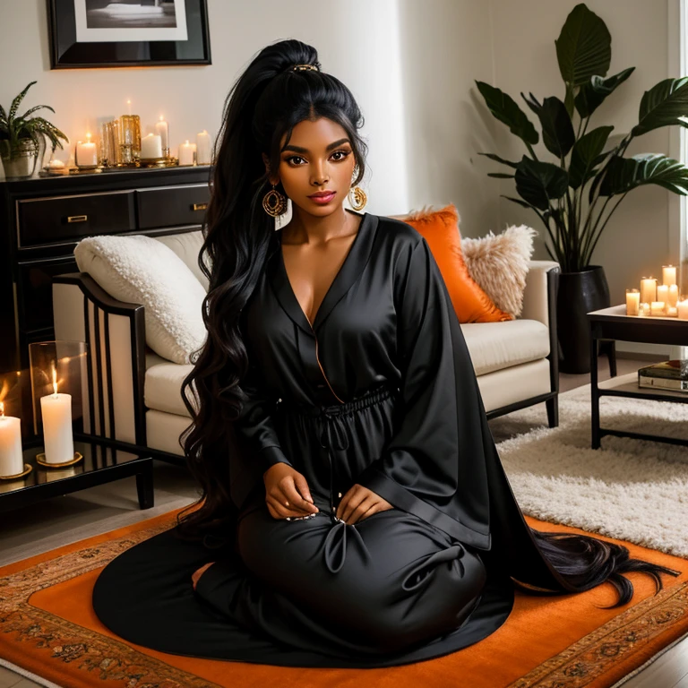 Long wavy luxurious black hair in ponytail, black woman, medium brown skin tone, living room, luxury furniture, rug, candles, Chinese evergreen plant, orange silk pajamas. Decor