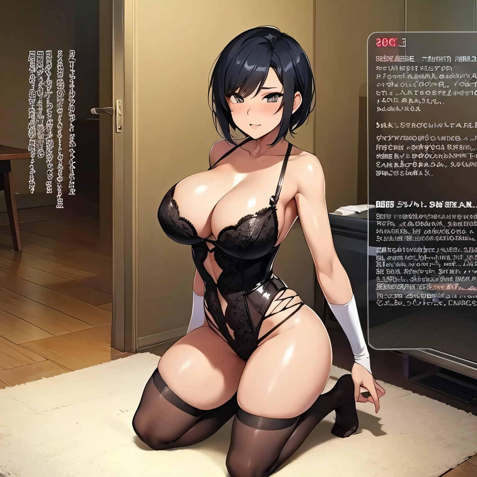30-year-old one woman, blackhair, tall, Face in love, sexy pose, full body view, Super high quality, masterpiece, Super fine, 8k, Only one person in the room, beautiful girl anime face, short hair, an inviting gesture, inviting face, nice body, Ultra-detailed reality gold lingerie, Ultra high reality garter belt, corset, Underwear emphasis