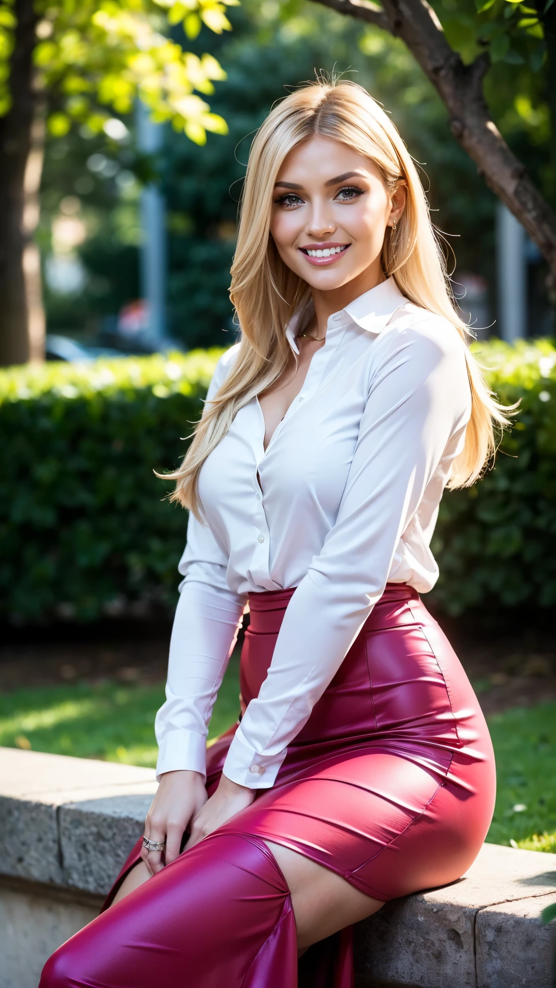 Allie Dunn, blond hair, (yelow long sleeve shirt), (pink long skirt), (high heels), (perfect leggs), (whole body), (picture from further distance), (posing), (photo pose), (sitting in park), (confident stance), (alluring allure), (impeccable craftsmanship), (exquisite attention to detail), (smile) (perfect smile), perfect lipps), (perfect teeth), (perfect smile), (irresistible sexiness), (designed to ignite passion), (undeniable sensuality). looking at viewer, smiling, masterpiece, best quality, highly detailed, (Beautiful and detailed eyes), (beautiful and detailed face), Perfect female body, (Best Quality), (ultra-detailed), (master piece), (high resolution), (Original), (the Extremely Detailed CG Unity 8K Wallpapers), big , perfect skin, perfect face, ultra realistic, sexy.