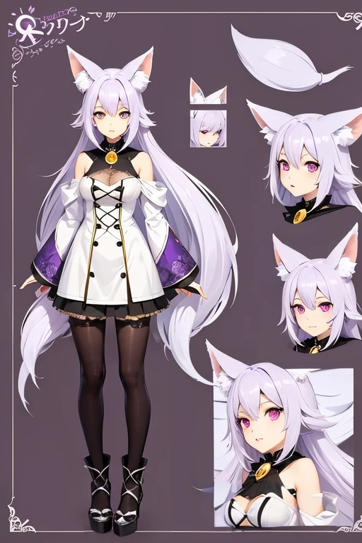 character design sheet,Light purple hair and eyes, individual,cute,With fox ears,witch,facial details,plain view,whole body,