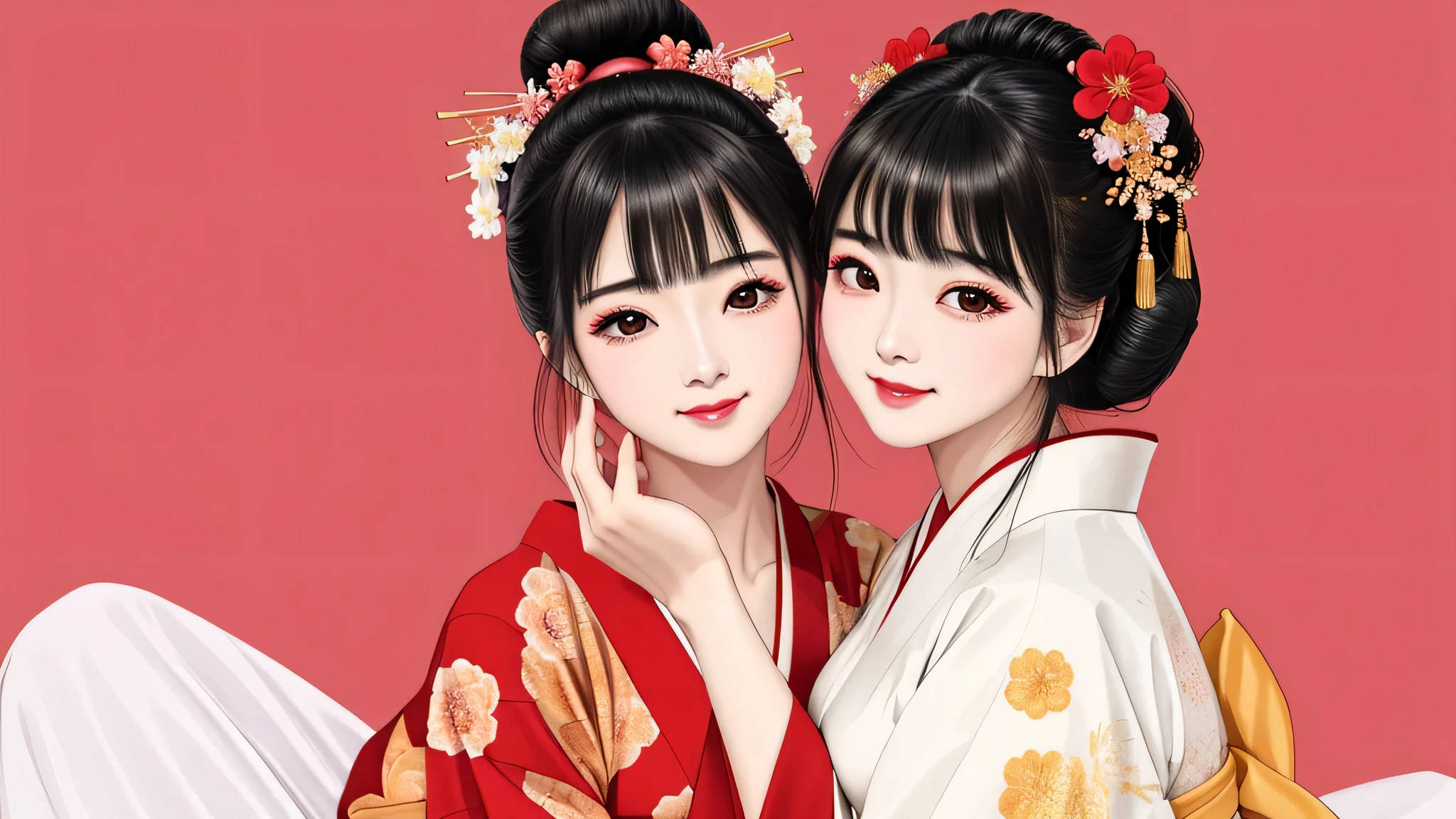 Each has a different expression２People and sisters、(２ girls）、｟Dancing traditional performing arts gracefully)、((big breasts、small face、not exposed))、highest quality、masterpiece、（black hair、Bun Hair）、brown eyes、｟wide angle、Angle from above, from the waist up、Pause on the magazine cover、Each person has a different perspective when looking into the distance｠、(８K high quality、masterpiece、High resolution、Realistic and beautiful light and shadow、(highest quality)、(high resolution)、(very delicate and beautiful)、(beautiful 8k face)、(Close your eyes while smiling、Beautiful eyes)、(Transparent skin)、(soft hair)、(８head and body)、(Japanese-style yukata kimono with red, pink, and orange floral patterns on a white background, mixed with gold powder、Five beautiful Japanese girls wearing yukata)、((tanabata decoration background))、((small face))、(arms up)、thin and small nose、（red lipstick）、（make cheeks red）、（Glossy skin）、((Ink painting style))、extremely thin eyebrows、Overall super high quality、（She wears maiko-style makeup）、Whitening、long and beautiful eyelashes、Glossy skin、（red cheeks）,straight nose、masterpiece、highest quality、whole body、 eyebrows visible through hair、Bun Hair、grin、gal、Kogal、Viewer&#39;s perspective、Plaid、Fashionable、woman、fine、Pause、
Waiting to start 
