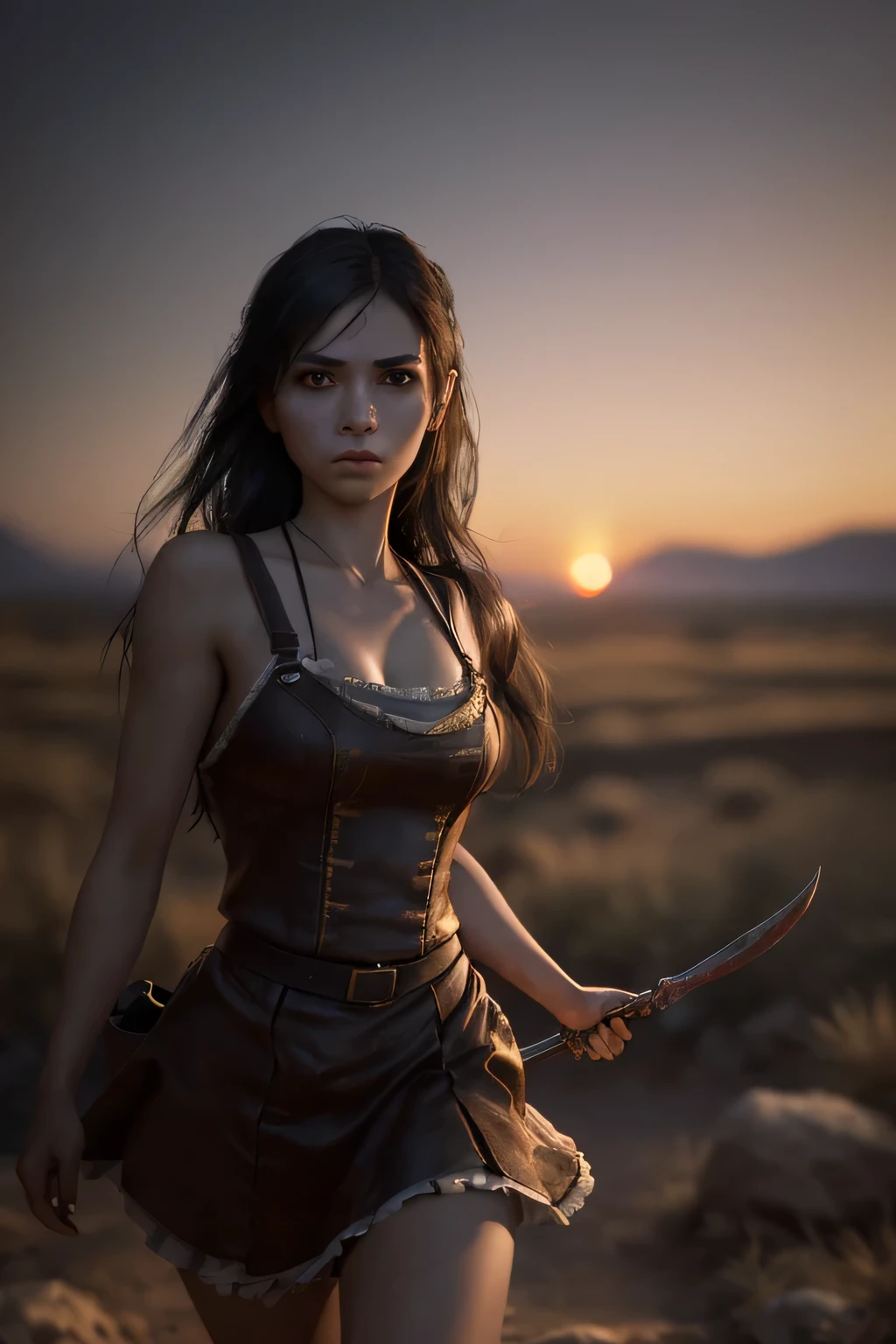 (masterpiece), (very complicated:1.3), (realistic), girl portrait, (dark fantasy, gore), (dynamic perspective), the most beautiful in the world, (waitress), outdoor, dynamic angle, running fighting stance, dry river bed, Kure, Haifa, Stunning female professional photo details, sharp focus, dramatic, Award history, cinematic lighting, Octane Rendering Unreal Engine, volumetrics dtx, (film grain, blurred background, blurred foreground, Bokeh, Depth of the bounds written, sunset), holding sickle