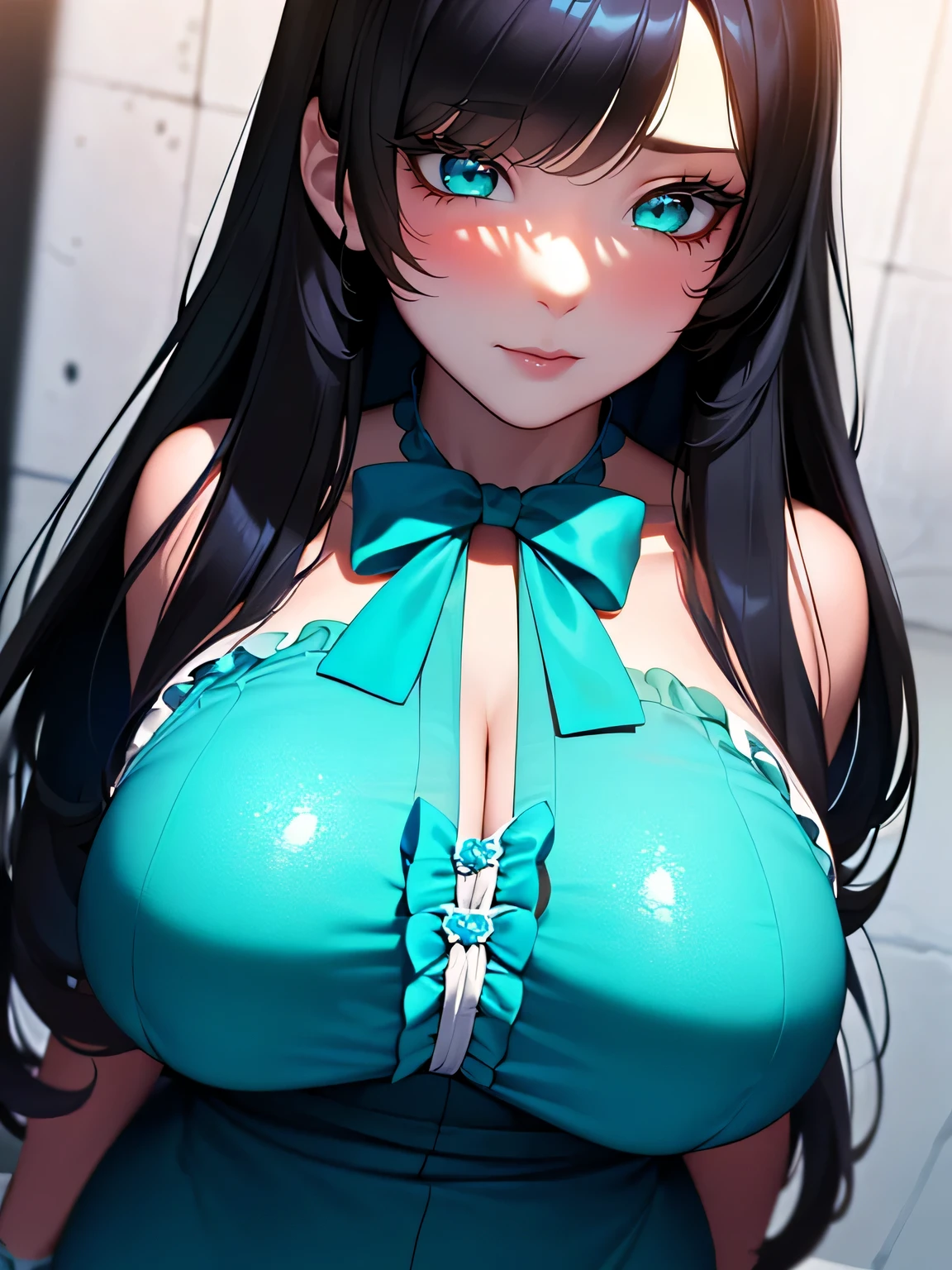 (8K, highest quality, master piece:1.2),\(eye\),(\(Clothing details\)\),full body esbian,(huge tit),(face focus) ,Highly detailed CG Unity 8K wallpaper,huge file size,super detailed,High resolution,absurd,beautiful eyes,ray tracing,dramatic shadow,finely,dramatic angle,hyper detail,(1 girl:1.3),(alone),,mature woman,black long hair,Green Eye,wearing(cosplay_Magical girl,A very pretty turquoise dress with frills,big ribbon bow tie back),