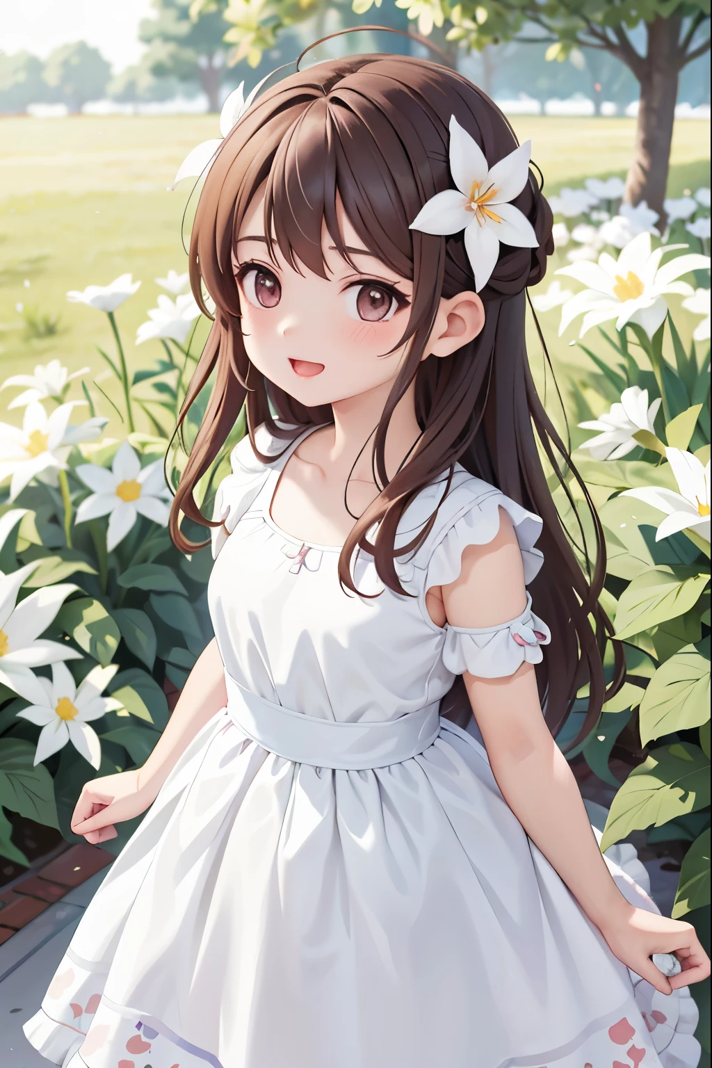 1 girl,flower,flower弁,Anime girl around 9 ，NSFW,medium long hairstyle１.5，Long Brown Hair 1.5，Completely naked,　Stand outdoors（Please open your mouth and laugh 1.5）（Embarrassing look 1.5）anime style 4k，anime rendering，anime style，8K resolution，（upper body display：1.5）（young girl：1.3）（Child 1.5ematic lighting：1.5）（Secondary Sexual Characteristics Breasts ２.5）Plump nipples、Pose that emphasizes the chest、