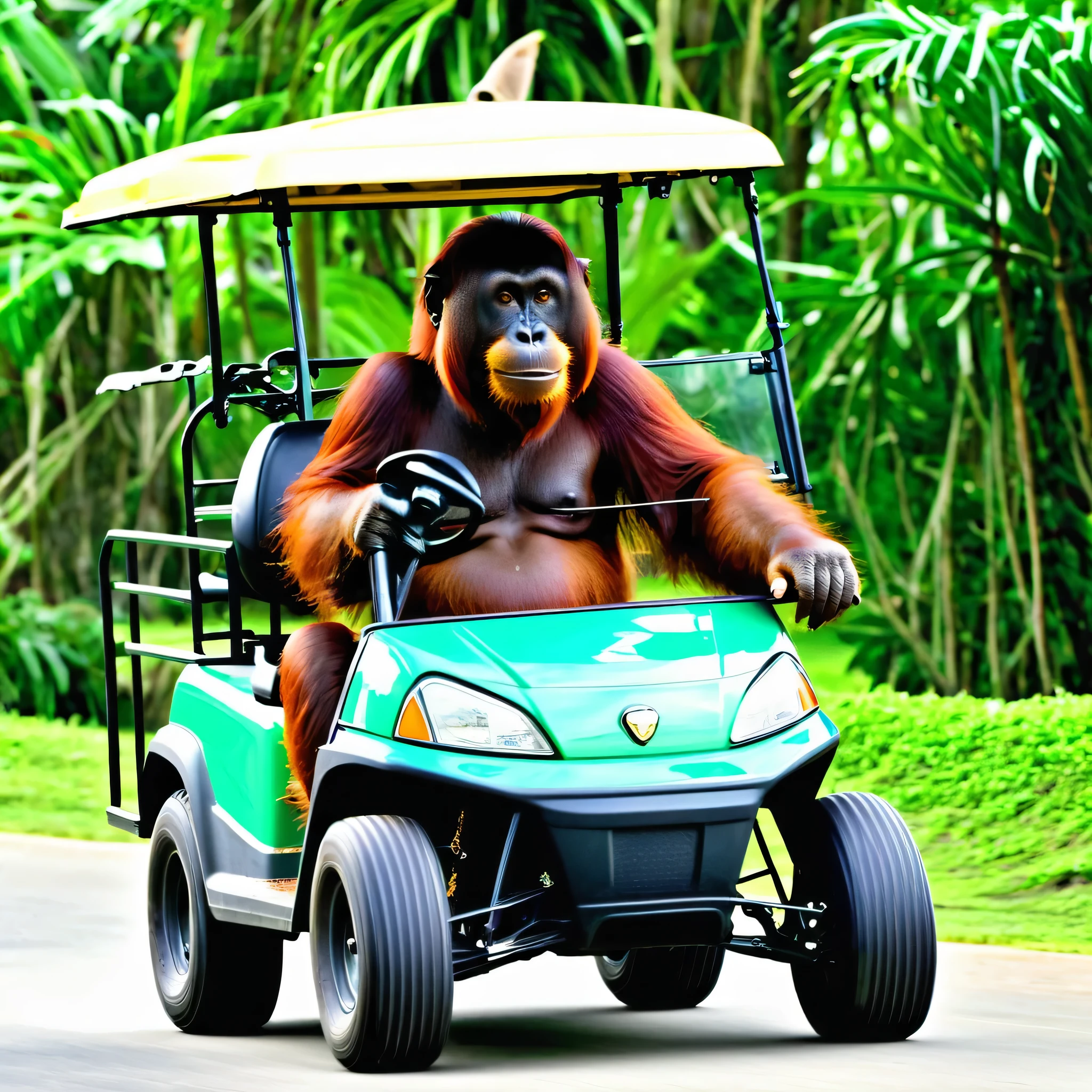 orangutang driving a golf cart
