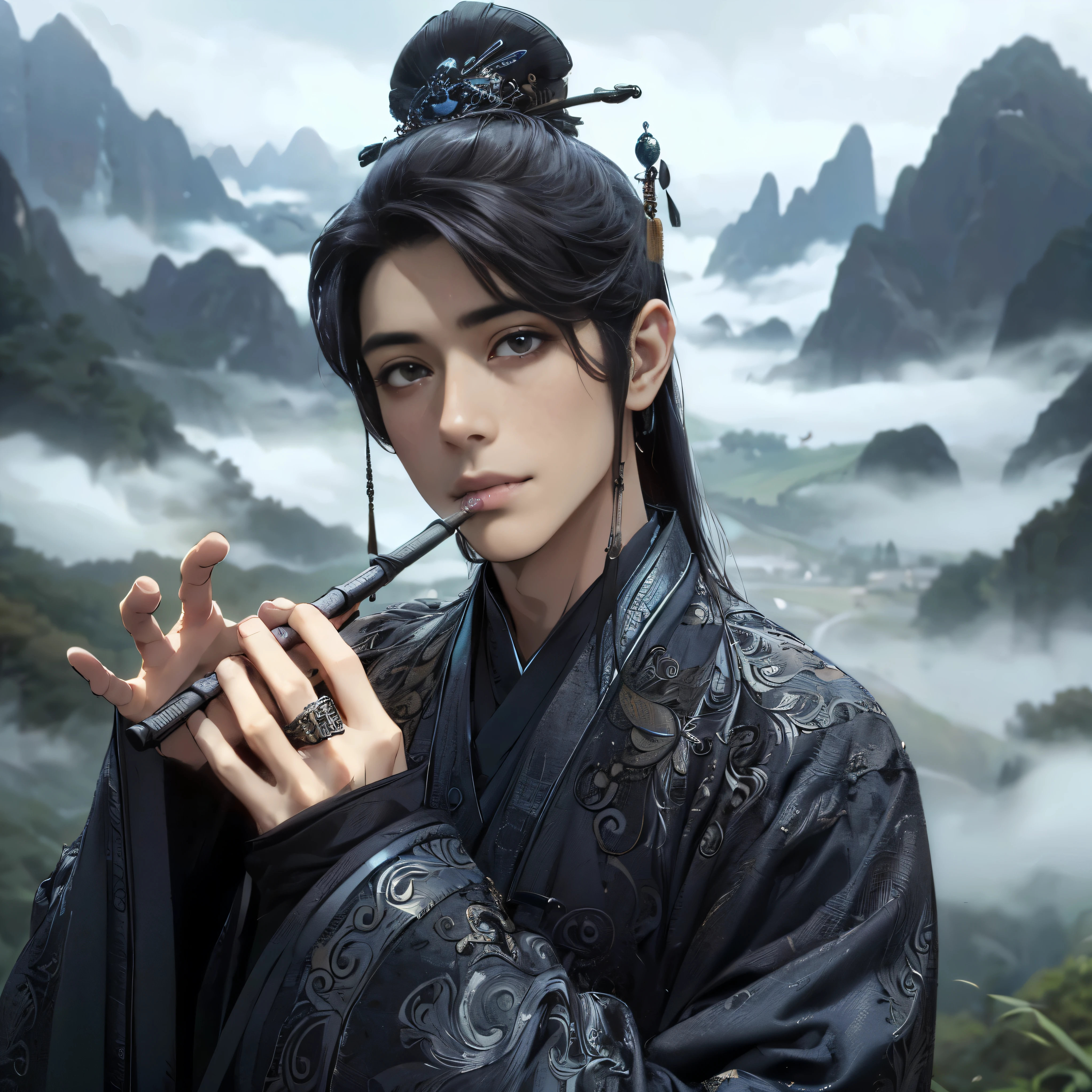(Best Quality:1.2), (high resolution:1.2), (beautiful face and eye:1.2), (sharpest focus:1.2), (Ultra-realistic Photo:1.2), (Ultra-precise Photo:1.2), (Depth of field:1.2), (8k high resolution:1.2), (perfect anatomy:1.2), (nice hands:1.5),
(perfect hands:1.5), (Very young and masculine and dignified and beautiful Chinese male:1.5), (Beautiful nobleman:1.0), (A beautiful nobleman:1.0), (A shiny black hermit-like garment with fancy embroidery:1.0), (A gentle smile:1.3),
(Playing an iron flute:1.5), (A secluded hermit-like place deep in the mountains of China:1.0), (A mysterious fairyland:1.2), (Birds and animals gathered to listen to the sound of the flute:1.3), (Looking up angle:1.0),