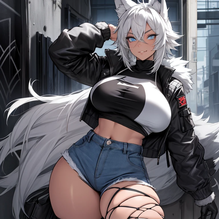 Single girl, Anime tomboy, Short, Long white hair, wolf ears, wolf tail, blue eyes, thigh high fishnets, black combat boots, wearing fur lined open jacket, nude, solo tomboy, only one female ((big breasts)) solo, alone, (SOLO)(ALONE) thicc thighs, wide hips, blue eyes, perfect eyes, perfect face, pouty lips, happy, (nipples), (detailed pussy), ((nude)), ((thick and (pure-white) pubic hair)), (naked body), ((pussy juice)), visible ((cum in pussy)), perfect detailed face, creampie, cumdrip from pussy, ((sweat)), aftersex, alley, modern grey walls, (prostitution), ((holding money in hand)), (money),