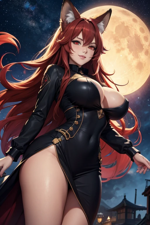 artwork, Best quality, detailed, 1 fox girl, long wavy hair, red hair, fox ears, red eyes, thin lips, round face, big breasts, wide hips, big pompous fox tail, alone, night sky, outdoor, full moon, stars, clouds, night,, dark sakura, (black dress), evil smile, red bow, striped, thighs