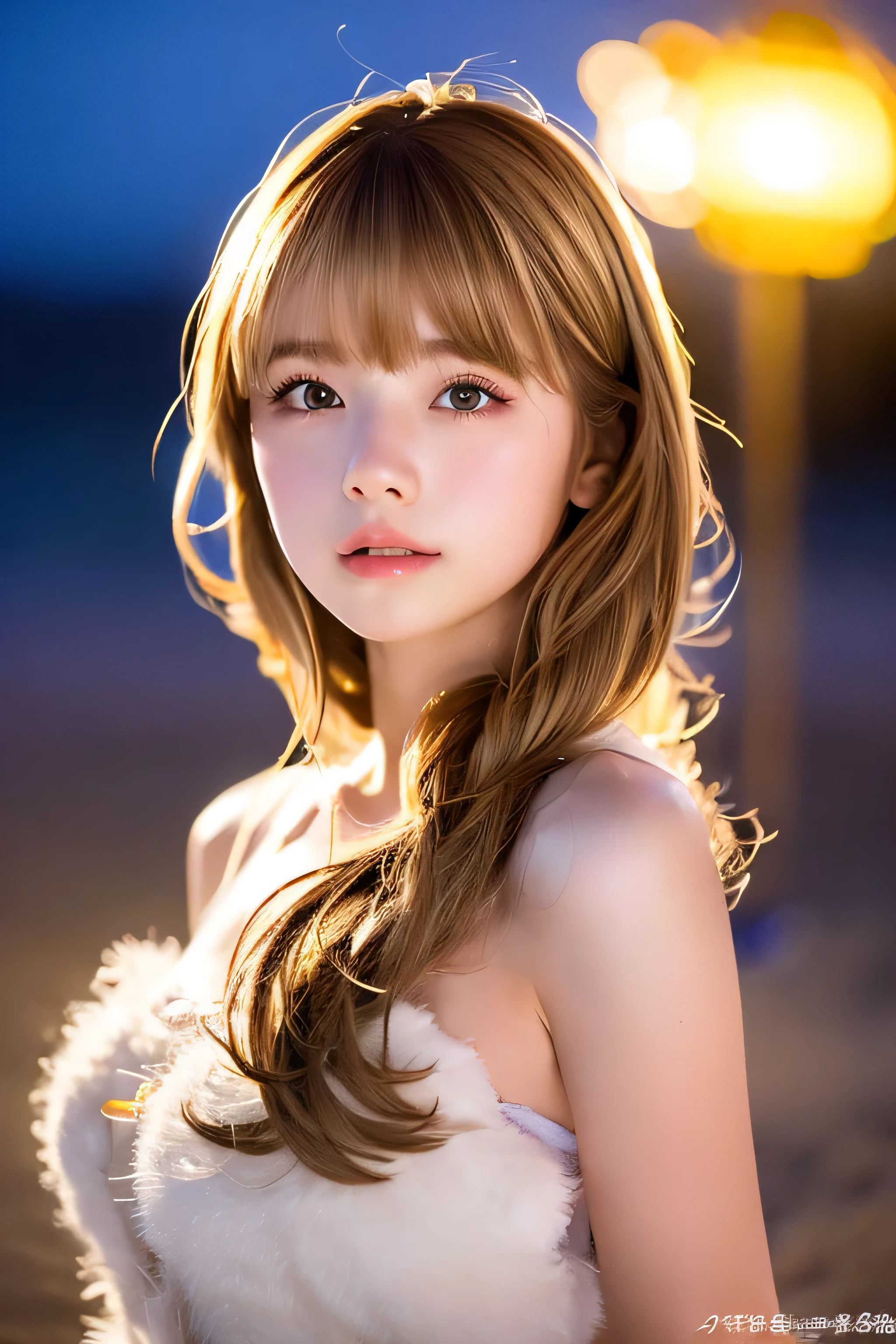 ((No makeup:1.2))、(realistic、Photoreal、super detailed、best detailed skins、highest quality、masterpiece、超A high resolution)、cute russian woman、14 years、high school girl、young girl、1 girl、have bangs、ash blonde:1.7、double eyelid、drooling eyes、Japanese style face、purity、realistic skin type、fluffy hair、red cheeks、The wind is blowing、night、illumination、lighting from behind、((medium hair、beach、white camisole、french twist hair))