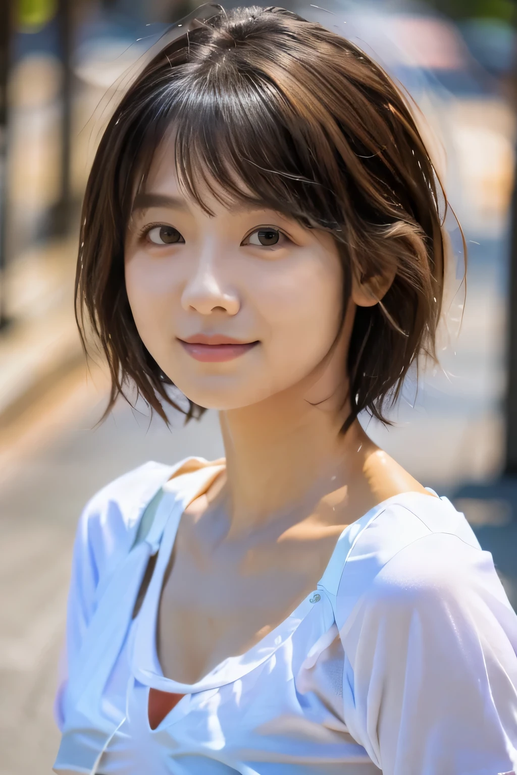 high quality, masterpiece, ultra high resolution, (realistic:1.4), Raw photo, 15 year old girl, ((leaning forward):1.3), ((from the front)), (white t-shirt:1.2), (Very cute face like the most popular Japanese idol, ((very beautiful big black eyes)), very beautiful hair, (short cut hair:1.5)、very beautiful skin, very beautiful long eyelashes, very beautiful lips, very beautiful cleavage, innocent smile, dynamic pose, Well-balanced body size、