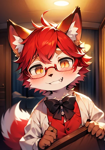 (dark environment:0.8),masterpiece, high quality, H, number \(artwork\), Cut through thick snacks, Yes,Kiyoyama,Red hair all over, male wolf,short hair,portrait, Bright Eyes,The eyes are gray,With black bow,Pack lightly,white belly,The tip of the tail is white,Palm White,Meatballs pink panorama,Character focus.(Detailed background:0.7),alone,hairy,hairy male ,male focus,Hana Charcoal,(Full body fur, hairy尾巴, red fur,),long canine teeth,looking at the audience,Ultra-fine red fur,Room,moonlight,Hair on cheeks,Neck fur,Blushed,Smile,Glasses