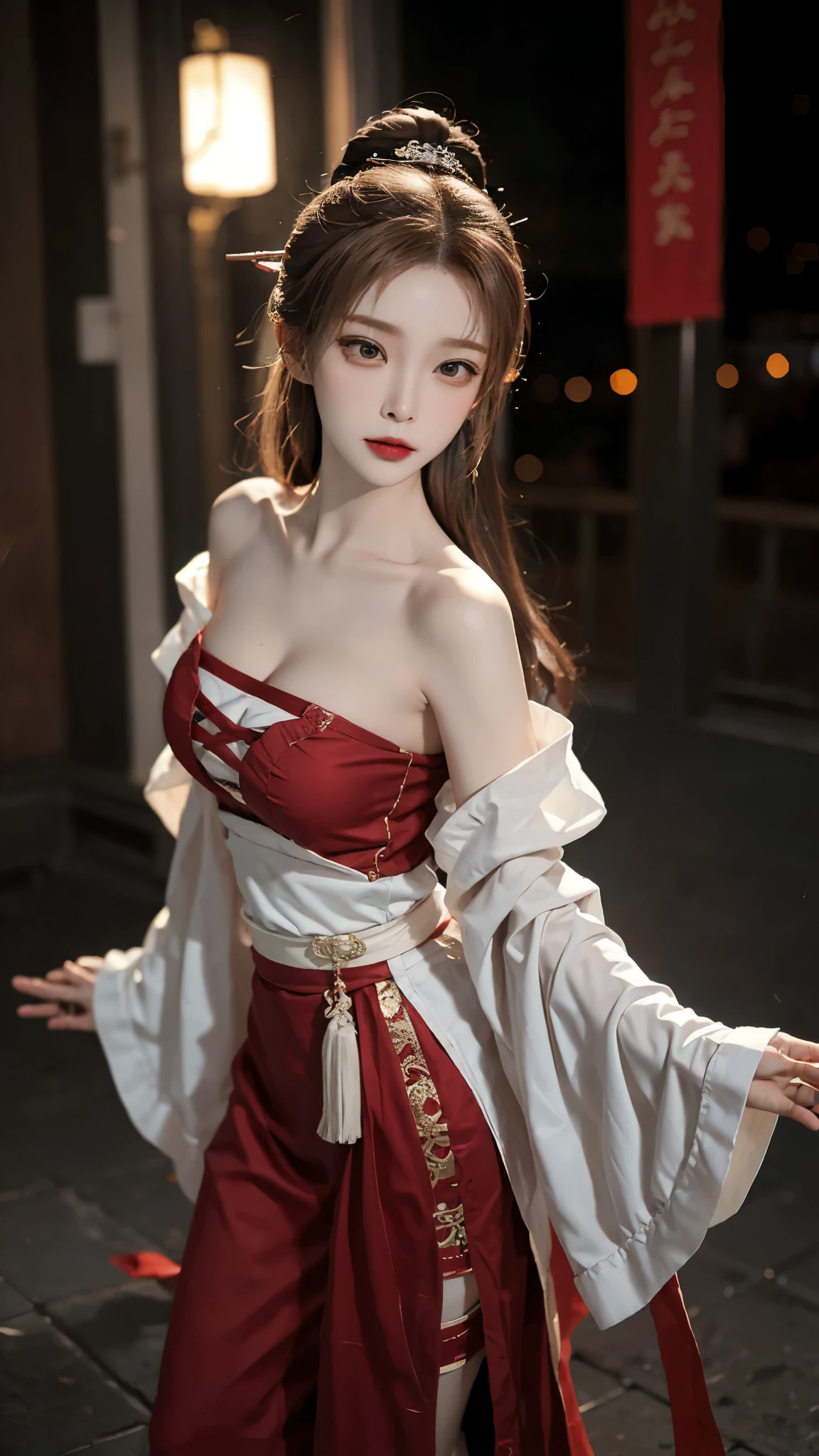 masterpiece,real photos，(solo) Real light and shadow，Backlight，Contour light，Shallow depth of field。night time,Chinese beauty with long straight reddish brown hair,looking into camera, Wearing gorgeous off-shoulder Hanfu,The moonlight shines on the skin of her face,She dances her sleeves gracefully,As if dancing in the wind,The picture has a sense of rhythm,The skirt flutters,Exuding the elegance and magnificence of classical dance，Style with Dunhuang Flying Dance，taking photos by Fujifilm high-grain 400 film,full-body shot, wild-angle view