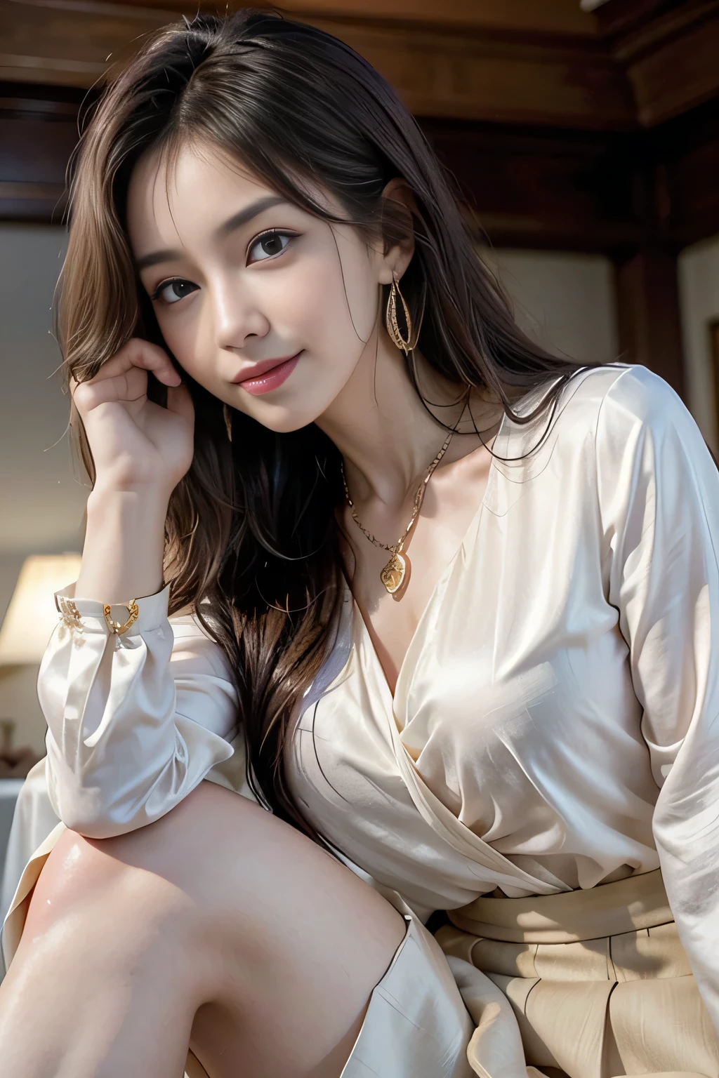 table top, highest quality, realistic, Super detailed, finely, High resolution, 8k wallpaper, 1 beautiful woman,, sharp focus, perfect dynamic composition, beautiful and detailed eyes, thin hair, Detailed realistic skin texture, smile, close-up portrait, model body shape、president&#39;secretary、mini skirt、high heels、whole body、suit,((brown semi-long hair:1.2))((Gentle inward wavy hair:1.2)),((gold necklace＿big earrings:1.2)),((shy smile:1.3)),((blouse and skirt, Wearing a white silk blouse,Please wear a white shirt and a dark purple skirt.:1.3)), 、whole bodyショット、((Standing whole body figure supermodel, whole bodyがフレーム内に収まる))、in a luxurious room、