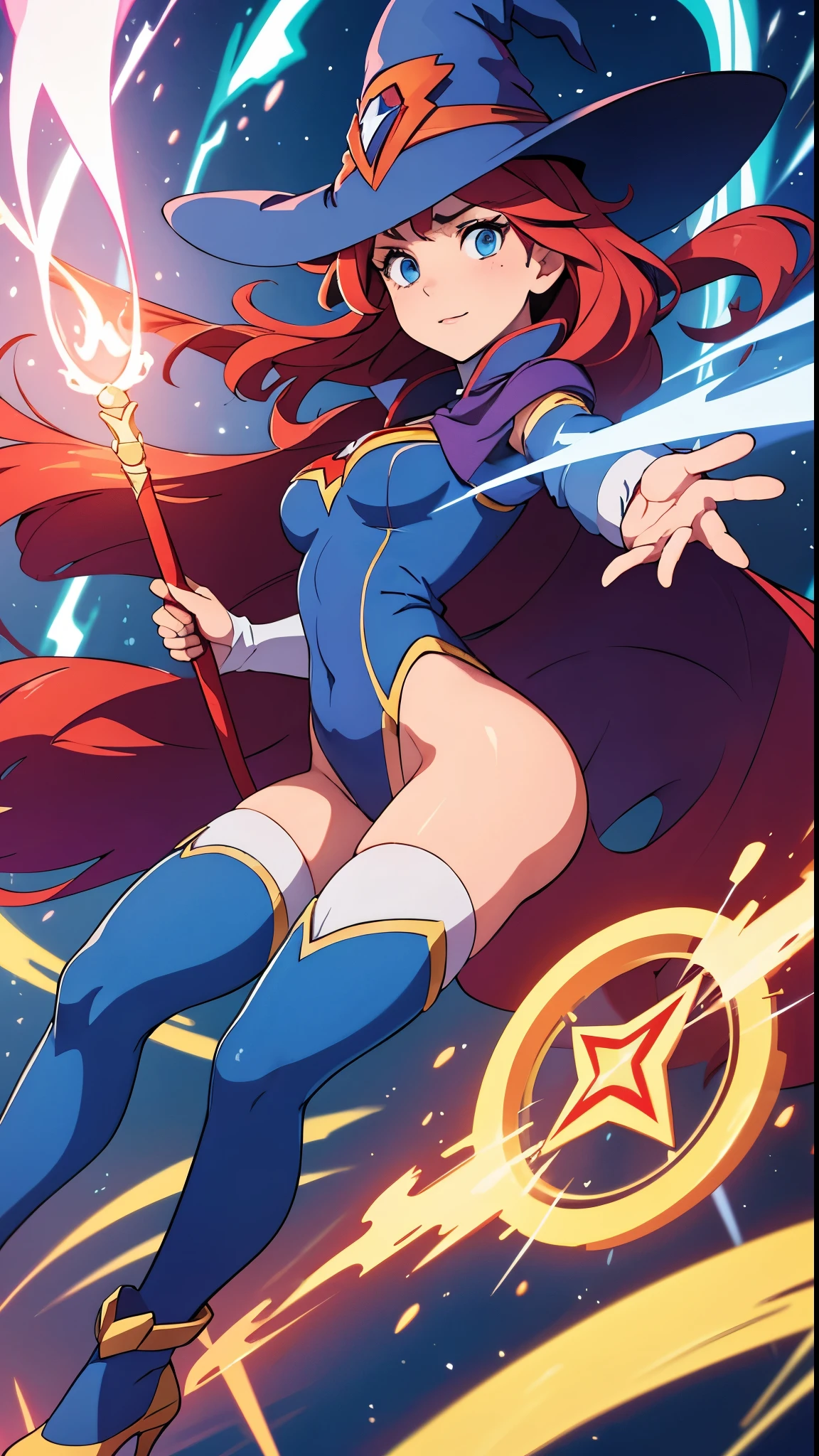 a cartoon of a woman dressed in a superhero costume holding a wand, witch academia, superhero sorceress witch, glamorous angewoman digimon, sky witch, by Aguri Uchida, maya ali as a lightning mage, leotard, blue leotard with white accent, bare legs, blue thigh-highs, red high heels, witch hat, red hair, long hair, blue eyes, beautiful detailed eyes, beautiful detailed face, cute face, medium breasts, age 16-18, solo, solo focus, wonder