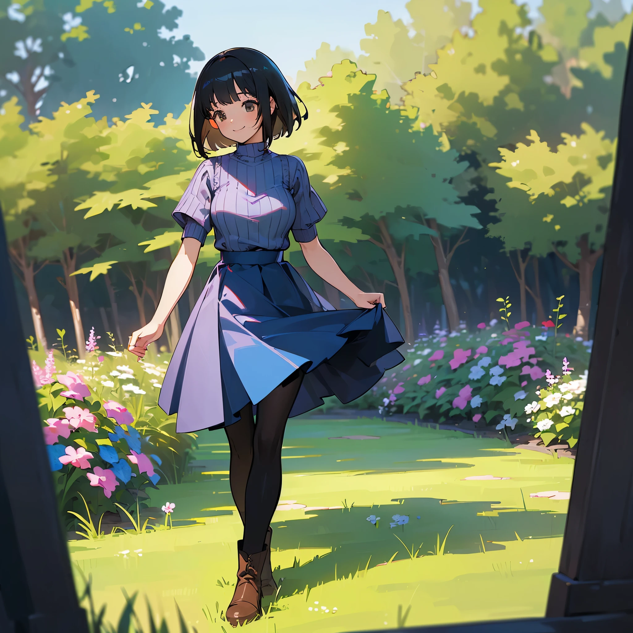 (high quality, High resolution, Super detailed, reality:1.37), peaceful atmosphere, (outdoor, garden), teenage girl standing alone, (my breasts are big.), Beautiful detail features, cute smile, (black bob hair), short sleeve ribbed sweater, blue skirt, black tights, brown boots.