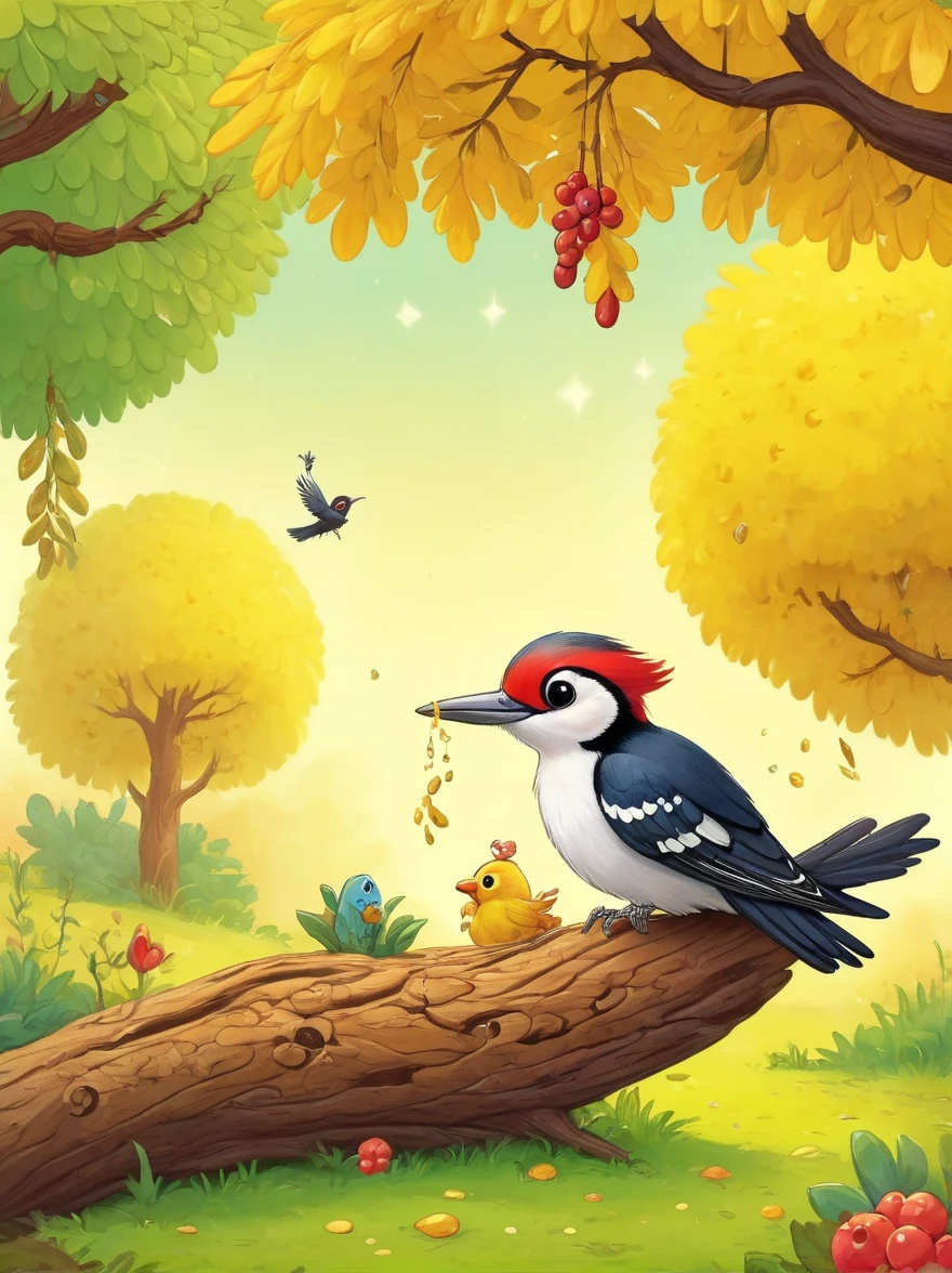 woodpecker，Old Tree，The leaves are yellow，There are worm holes in the tree