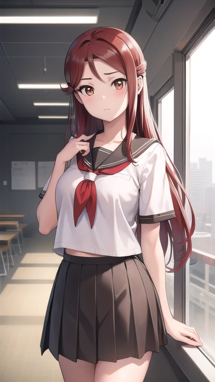 rikosakurauchi, riko sakurauchi, (brown eyes:1.5), hair between eyes, long hair, (red hair:1.5), (small breast:1.2), 
BREAK grey skirt, neckerchief, pleated skirt, red neckerchief, , serafuku, shirt, short sleeves, skirt, white shirt, uranohoshi ,
BREAK looking at viewer, 
BREAK indoors, classroom, 
BREAK (masterpiece:1.2), best quality, high resolution, unity 8k wallpaper, (illustration:0.8), (beautiful detailed eyes:1.6), extremely detailed face, perfect lighting, extremely detailed CG, (perfect hands, perfect anatomy),