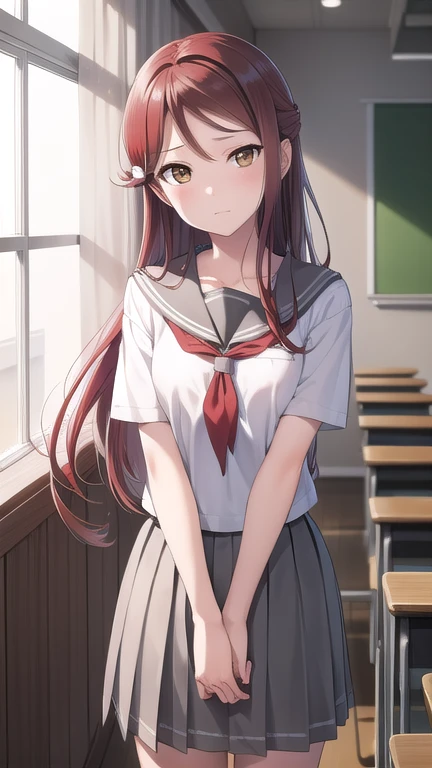 rikosakurauchi, riko sakurauchi, (brown eyes:1.5), hair between eyes, long hair, (red hair:1.5), (small breast:1.2), 
BREAK grey skirt, neckerchief, pleated skirt, red neckerchief, , serafuku, shirt, short sleeves, skirt, white shirt, uranohoshi ,
BREAK looking at viewer, 
BREAK indoors, classroom, 
BREAK (masterpiece:1.2), best quality, high resolution, unity 8k wallpaper, (illustration:0.8), (beautiful detailed eyes:1.6), extremely detailed face, perfect lighting, extremely detailed CG, (perfect hands, perfect anatomy),