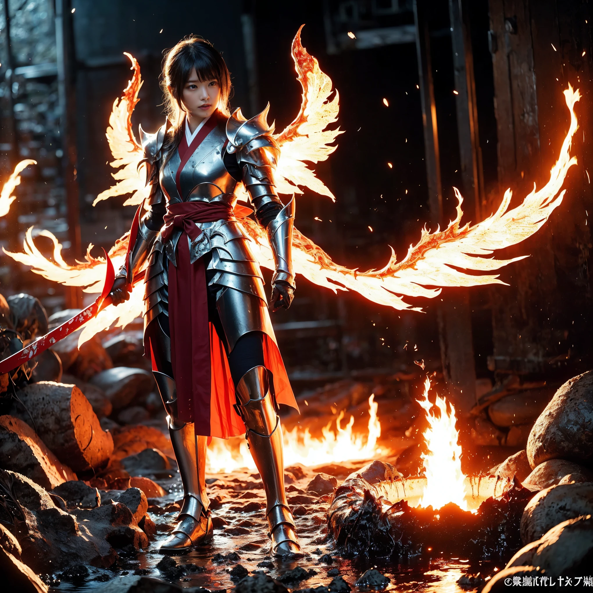 (((Realistic, masterpiece, best quality, crisp detail, high definition, high detail, very rich detail, sharp focus, sharp detail, colorful, rich color, perfect studio lightning))), ((20 years old, six armed, japanese goddess of fire, burned, kasumi arimura, standing in fire, fire haired goddess)) in the molten lava flood, wearing (((beautiful decorated golden heavy armor, phoenix armor, phoenix pinions, decorated full body armor, fully armored beautiful kimono, bif fire wings, blue aura))), (flying, floating, offensive stance, holding big fire swords, blood scattered face, blood tears, blood bath, blood shed), (((blood, death, japan bakumatsu period, dead bodies, burned japanese castle, catastrophe, exploding volcano, meteor shower, molten lava, flood)) background), shot from below