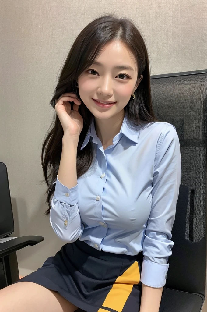 (natural background), masterpiece, highest quality, figure, Super detailed, finely, High resolution, 8k wallpaper, 完璧なダイナミックな構figure, detailed and beautiful eyes, big breasts, natural color lip, pose randomly, smile, ((office)), 20 year old girl, full body shot, long hair, ((working office uniform)), look ahead, sitting in a chair