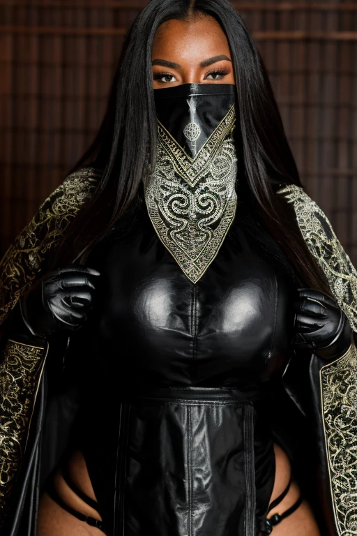 arafed woman in a black outfit and a black mask, cinematic goddess body shot, thicc, thick armor, samira from league of legends, flowing robes and leather armor, close up half body shot, ornate cosplay, stunning armor, ornate bikini armor, photogenic details on armor, inspired by Kanō Hōgai, bikini armour, kitsune inspired armor
