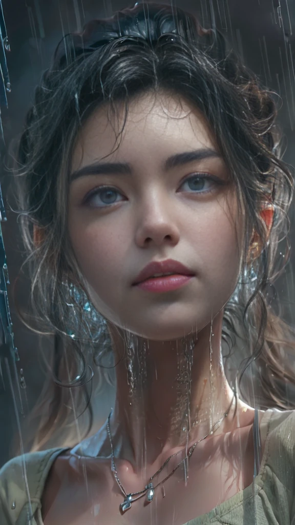 ((Low angle shooting:1.5)), (Photoreal:1.4, 8K, highest quality:1.3, masterpiece, ultra high resolution), ((Typhoon heavy rain)), Highly detailed skin and facial textures:1.3, perfect dynamic composition:1.2, (Modern city at night, In front of the supermarket at night, expression of sadness:0.7), Tears are flowing:0.7, cry with a broken heart:0.7), Slim office lady wet in the rain:1.2, Fair skin:1.2, sexy beauty:1.1, perfect style:1.2, beautiful and aesthetic:1.1, very beautiful face:1.2, water droplets on the skin, (rain drips all over my body:1.2, wet body:1.2, wet hair:1.3), (Holding a wet shopping bag:1.2, How to properly wear wet casual clothes:1.3), belt, (Medium chest, Bra is sheer, Chest gap), (Big eyes that exude beautiful eroticism:0.8, adult charm:0.8, Bewitching:0.8), necklace, earrings, bracelet, wedding ring, Highly detailed and accurate hand and finger representation
