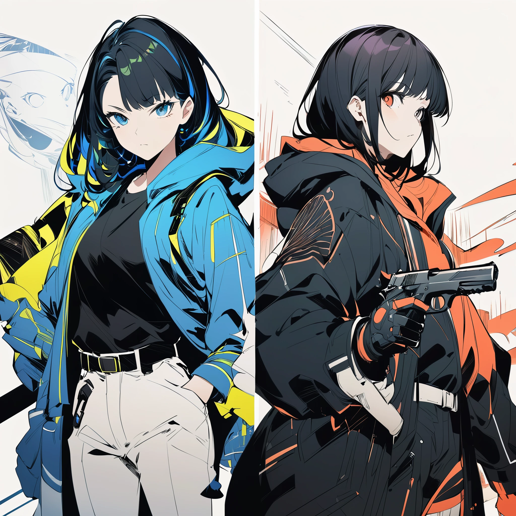 cyber punk、Two different people are depicted as mirror images, separated in the middle、business shirt、belt、hooded coat、have a handgun, subtle anime style, sketched, Very modern anime style, anime shading, Semi-realistic anime style, anime style, anime style characters, anime style drawing