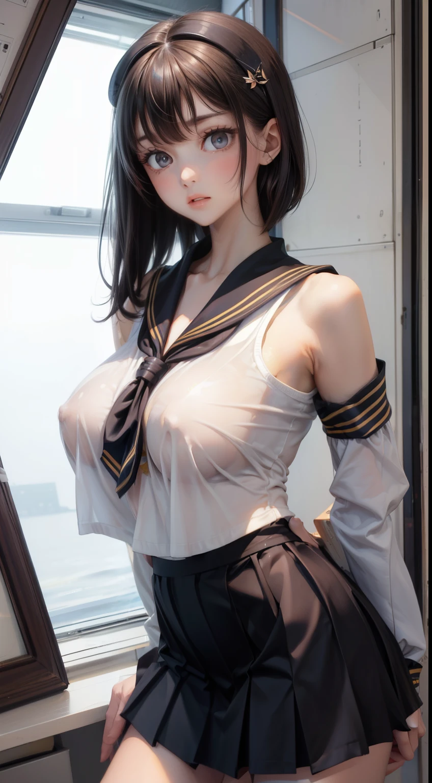 (highest quality), (((masterpiece))), black hair, (perfect eyes), ((A neat black sailor suit)), classroom, ((huge breasts)), ((A neat black skirt)), mini skirt, (Neat sailor ribbon), ((perfect fingers)), (perfect anatomy), (perfect face)、expose one's crotch、I can see your breasts、She feels embarrassed that her pink nipples are visible、blush、sexy look、expression of ecstasy、feel an orgasm、climax moment、Two-dimensional beautiful girl、bob hair、medium hair length、bob hairstyle、slender body shape、See-through sailor suit、Slender body type、big breasts