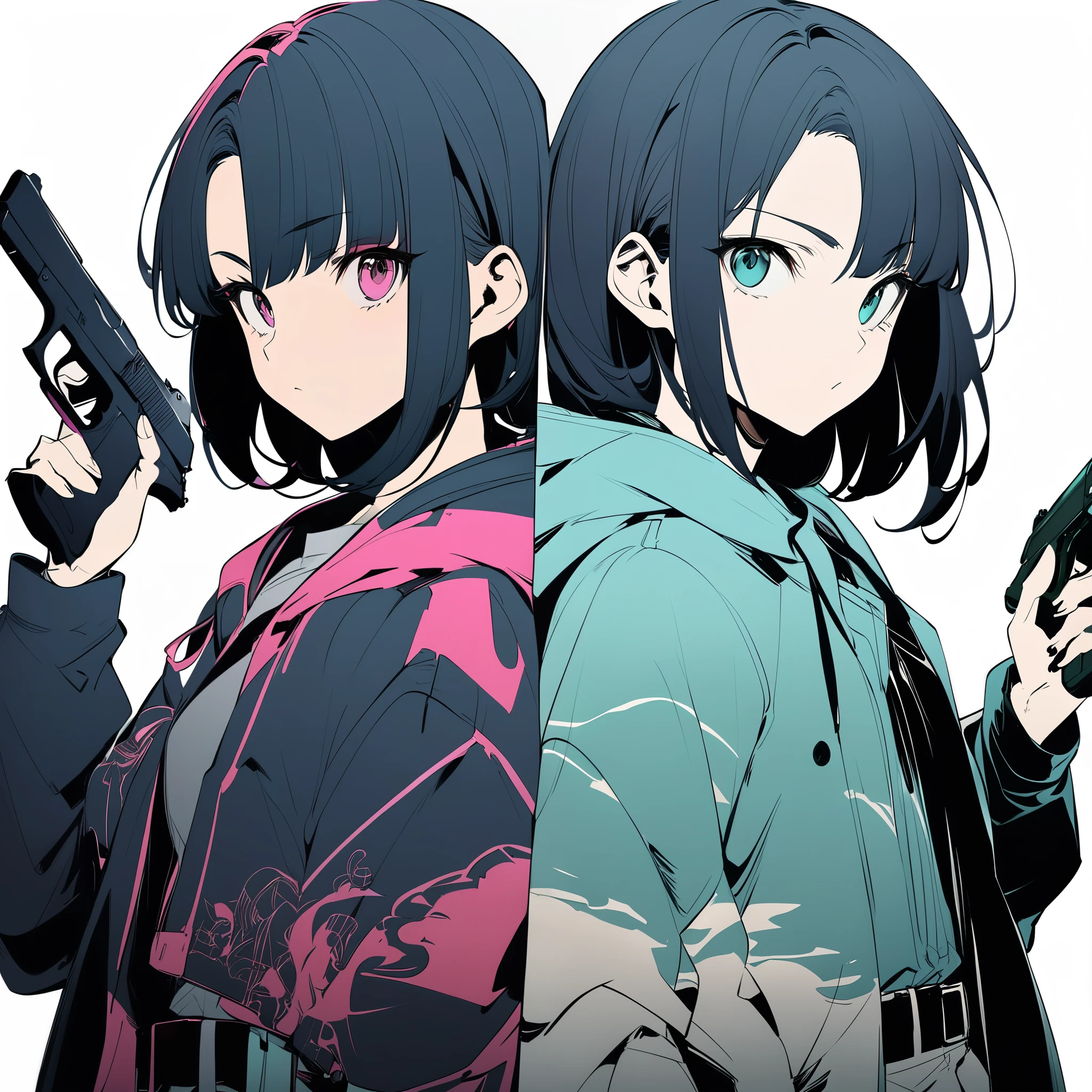 cyber punk、Two different people are depicted as mirror images, separated in the middle、business shirt、belt、hooded coat、have a handgun, subtle anime style, sketched, Very modern anime style, anime shading, Semi-realistic anime style, anime style, anime style characters, anime style drawing