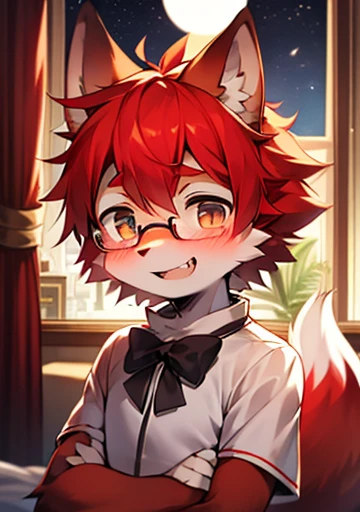 (dark environment:0.8),masterpiece, high quality, H, number \(artwork\), Cut through thick snacks, Yes,Kiyoyama,Red hair all over, male wolf,short hair,portrait, Bright Eyes,The eyes are gray,With black bow,Chinese Cheongsam,white belly,The tip of the tail is white,Palm White,Meatballs pink panorama,Character focus.(Detailed background:0.7),alone,hairy,hairy male ,male focus,Hana Charcoal,(Full body fur, hairy尾巴, red fur,),long canine teeth,looking at the audience,Ultra-fine red fur,Room,moonlight,Hair on cheeks,Neck fur,Blushed,Smile,Glasses