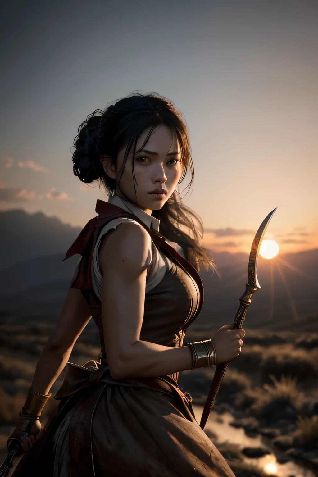 (masterpiece), (very complicated:1.3), (realistic), girl portrait, (dark fantasy, gore), (dynamic perspective), the most beautiful in the world, (waitress), outdoor, dynamic angle, running fighting stance, dry river bed, Kure, Haifa, Stunning female professional photo details, sharp focus, dramatic, Award history, cinematic lighting, Octane Rendering Unreal Engine, volumetrics dtx, (film grain, blurred background, blurred foreground, Bokeh, Depth of the bounds written, sunset), holding sickle