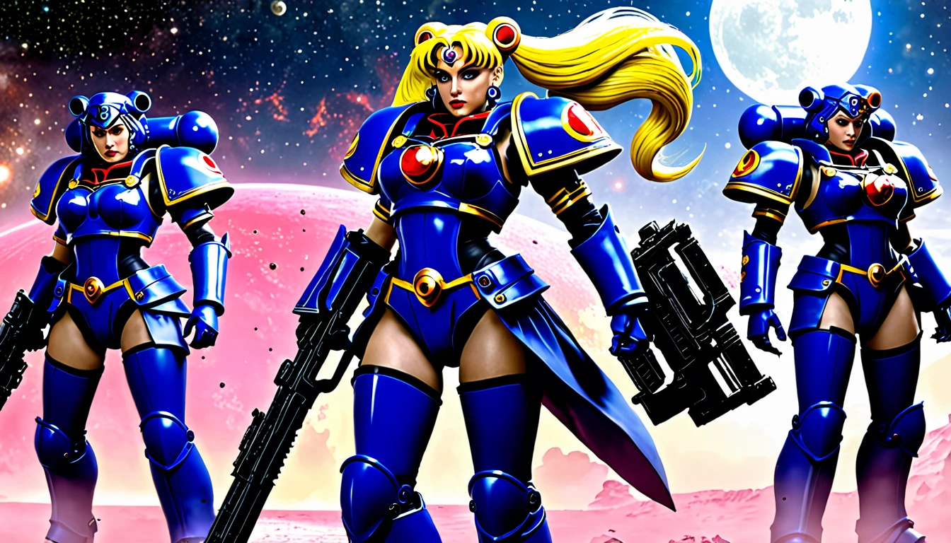 In Warhammer 40k, a Space marine legion is themed after Sailor Moon, show space marines in the thick of battle with her color scheme